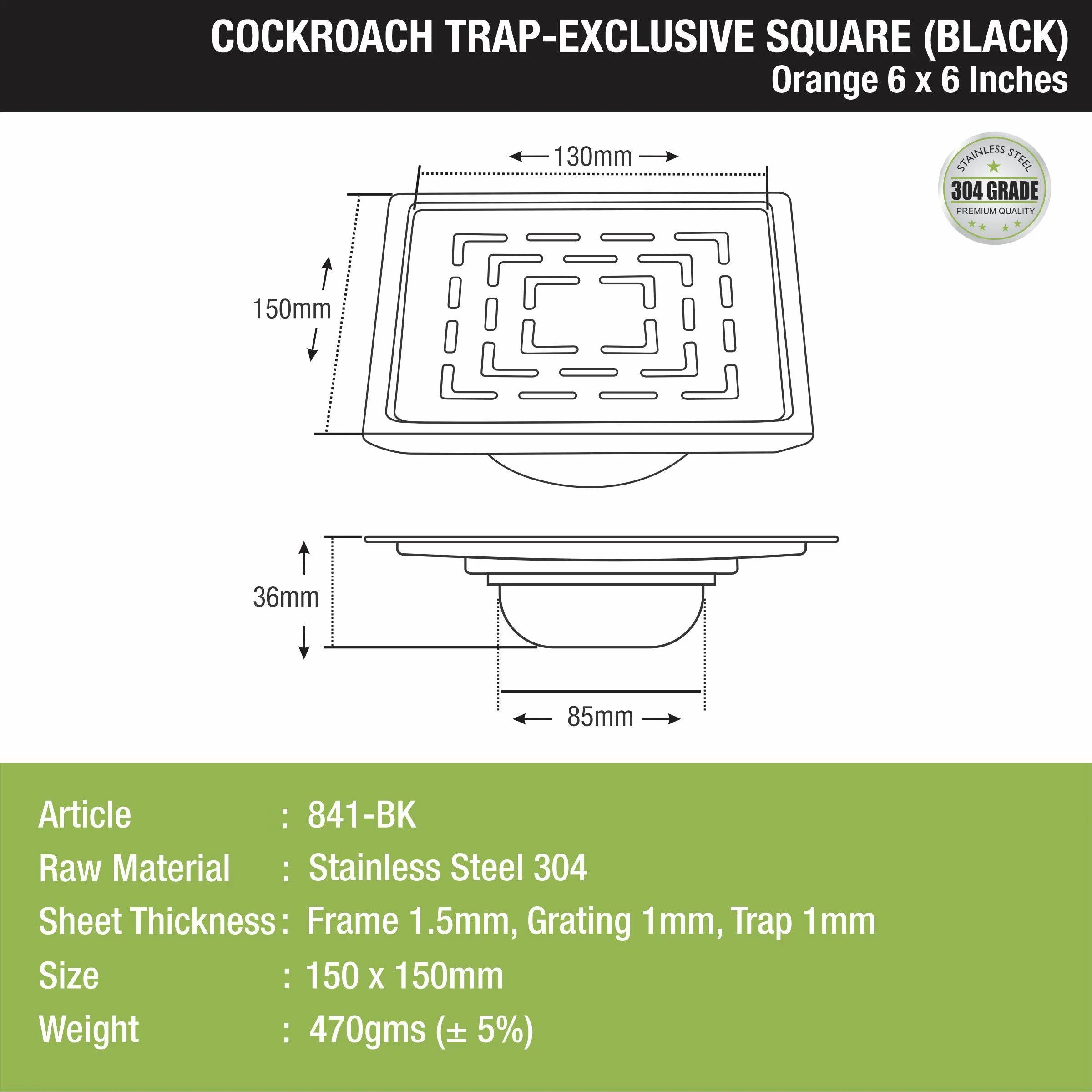 Orange Exclusive Square Floor Drain in Black PVD Coating (6 x 6 Inches) with Cockroach Trap - LIPKA - Image 3