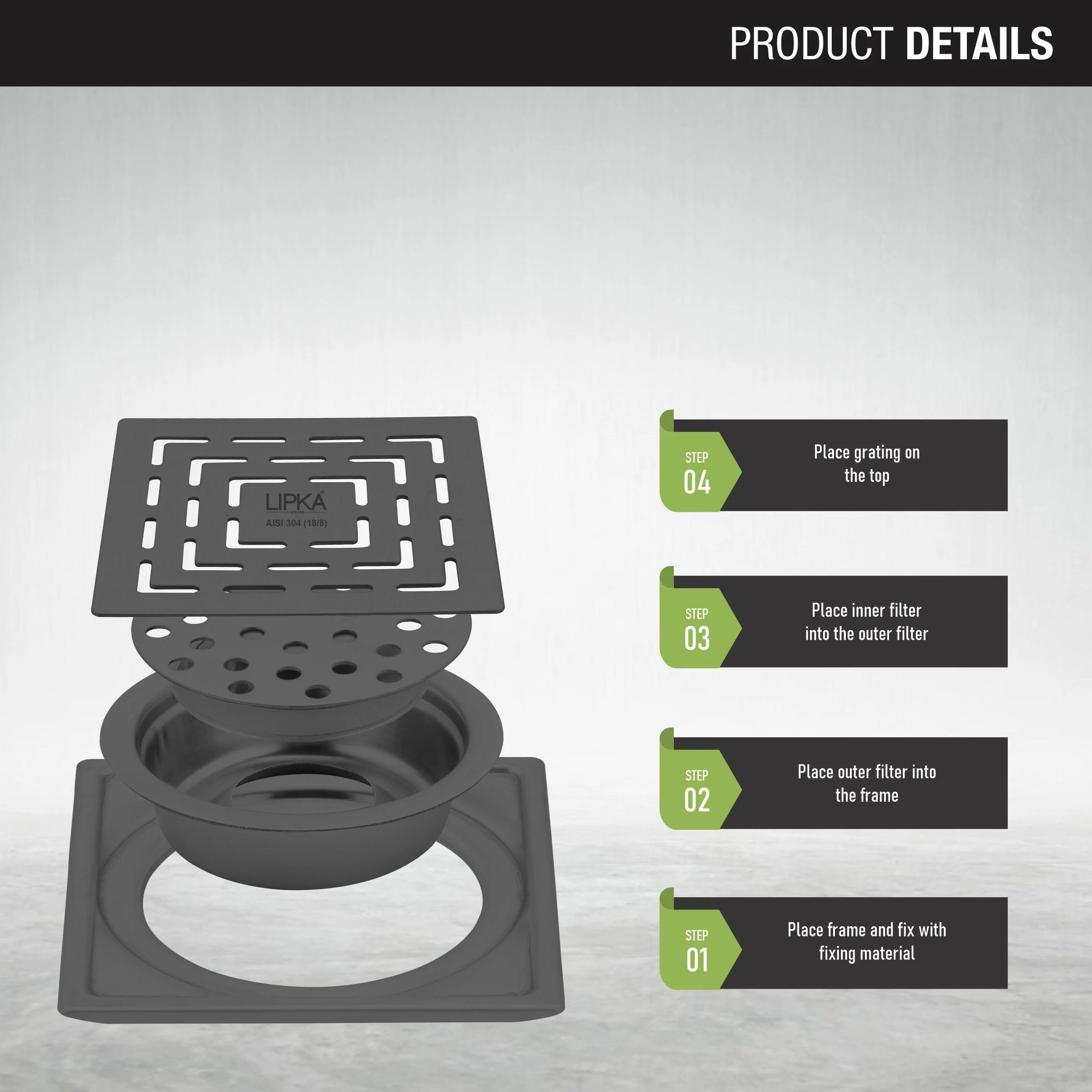 Orange Exclusive Square Floor Drain in Black PVD Coating (6 x 6 Inches) with Cockroach Trap - LIPKA - Image 4