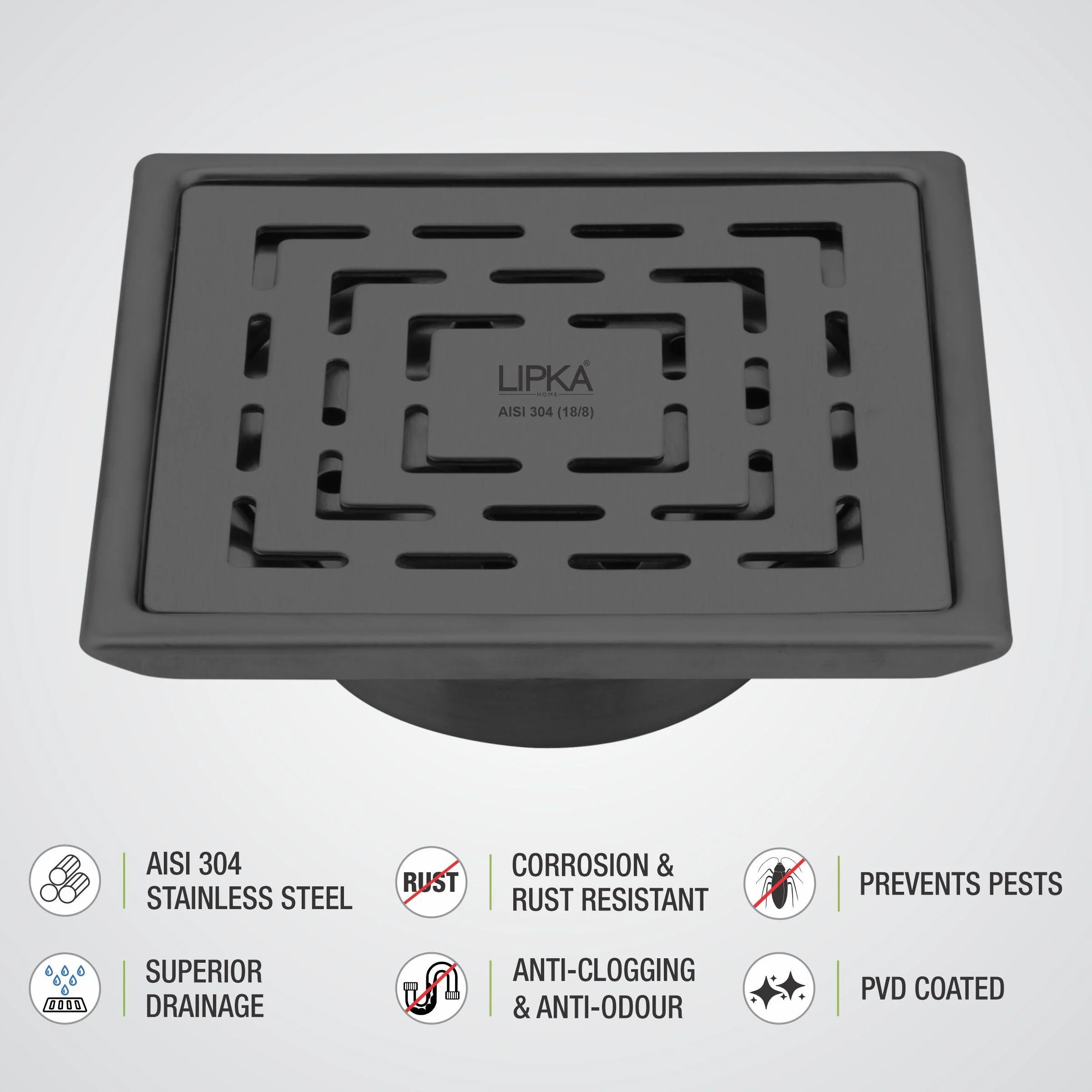 Orange Exclusive Square Floor Drain in Black PVD Coating (6 x 6 Inches) with Cockroach Trap - LIPKA - Image 5