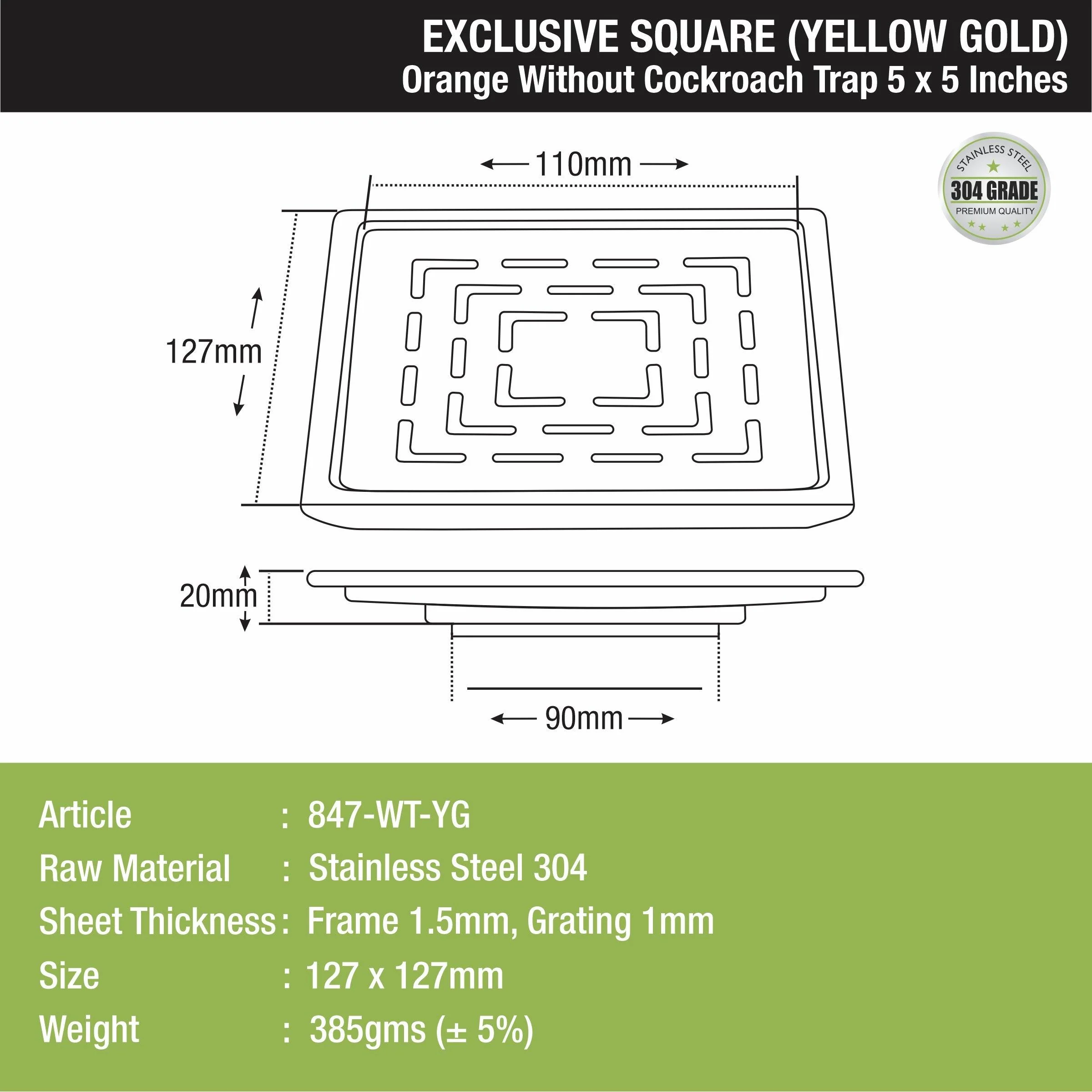 Orange Exclusive Square Floor Drain in Yellow Gold PVD Coating (5 x 5 Inches) - LIPKA - Image 2