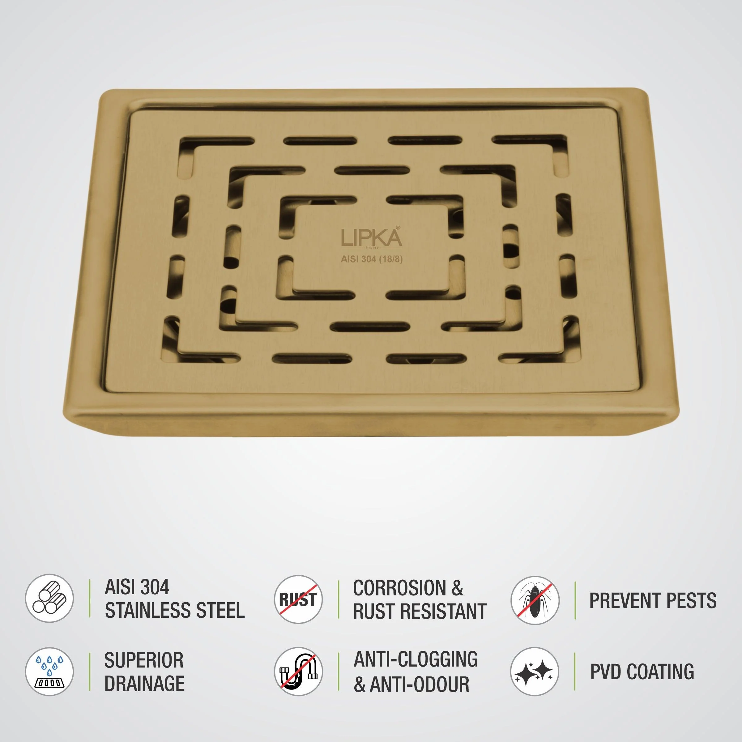 Orange Exclusive Square Floor Drain in Yellow Gold PVD Coating (5 x 5 Inches) - LIPKA - Image 3