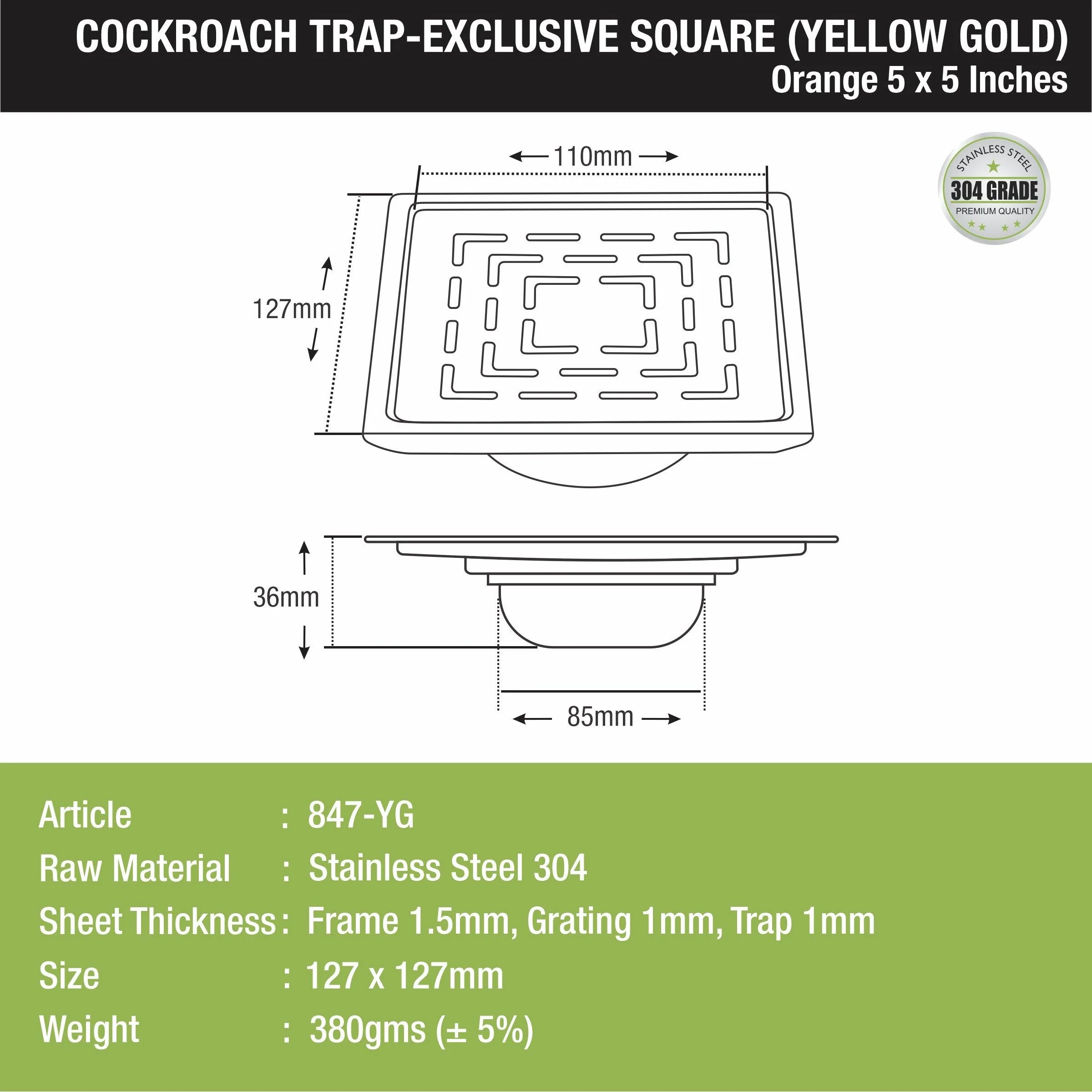 Orange Exclusive Square Floor Drain in Yellow Gold PVD Coating (5 x 5 Inches) with Cockroach Trap - LIPKA - Image 2