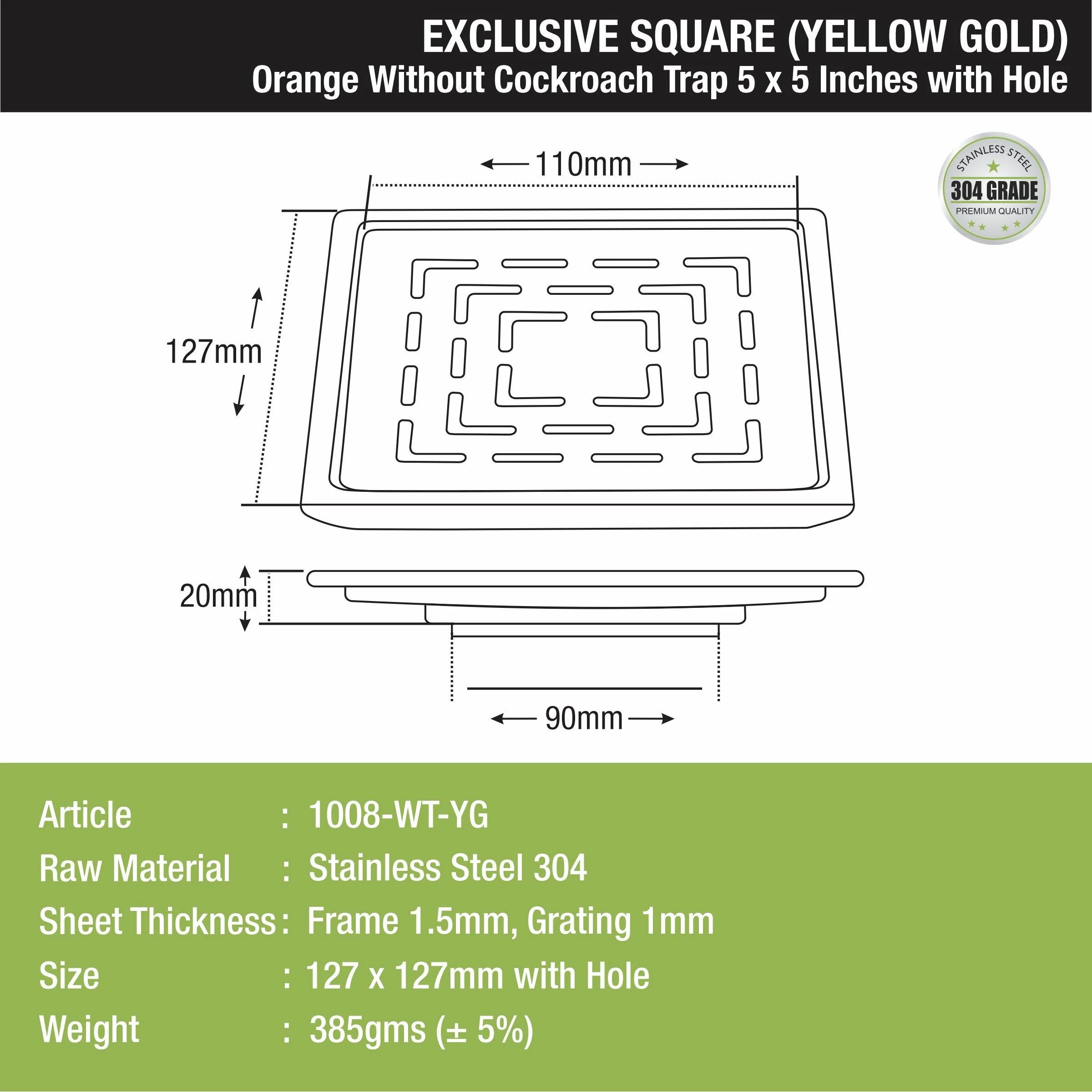 Orange Exclusive Square Floor Drain in Yellow Gold PVD Coating (5 x 5 Inches) with Hole - LIPKA - Image 2