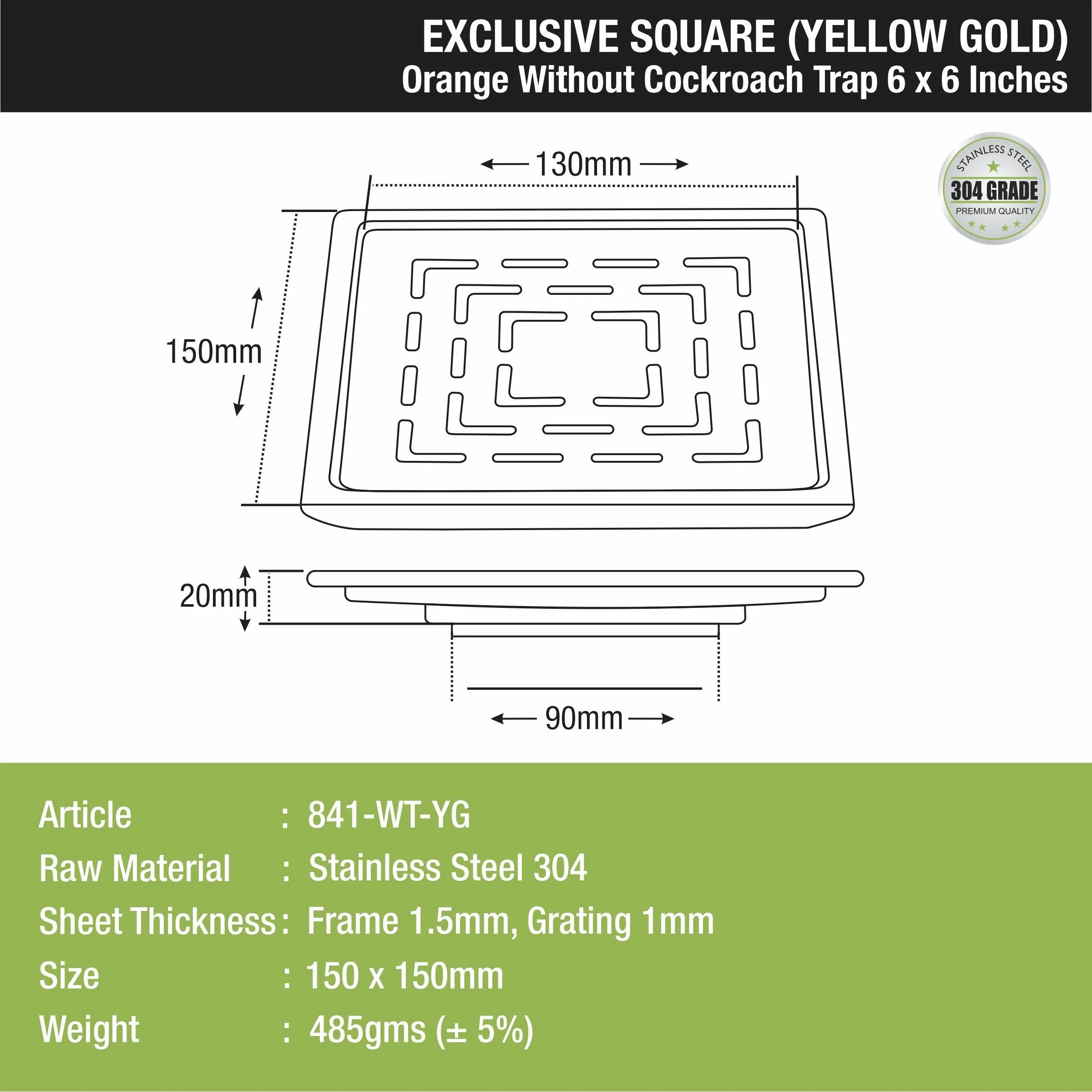 Orange Exclusive Square Floor Drain in Yellow Gold PVD Coating (6 x 6 Inches) - LIPKA - Image 2