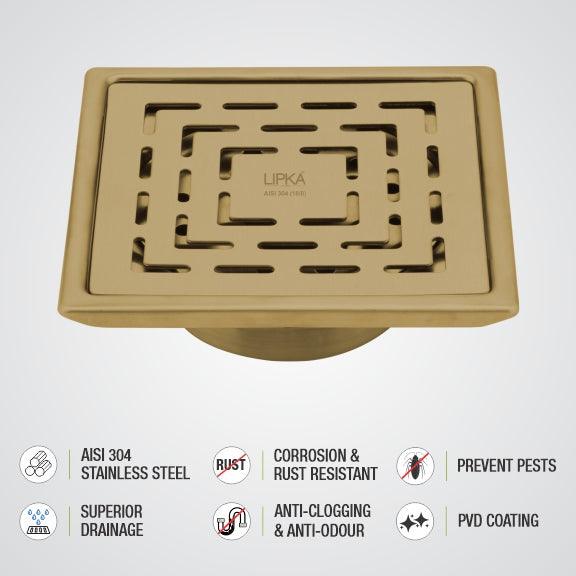 Orange Exclusive Square Floor Drain in Yellow Gold PVD Coating (6 x 6 Inches) with Cockroach Trap - LIPKA - Image 4