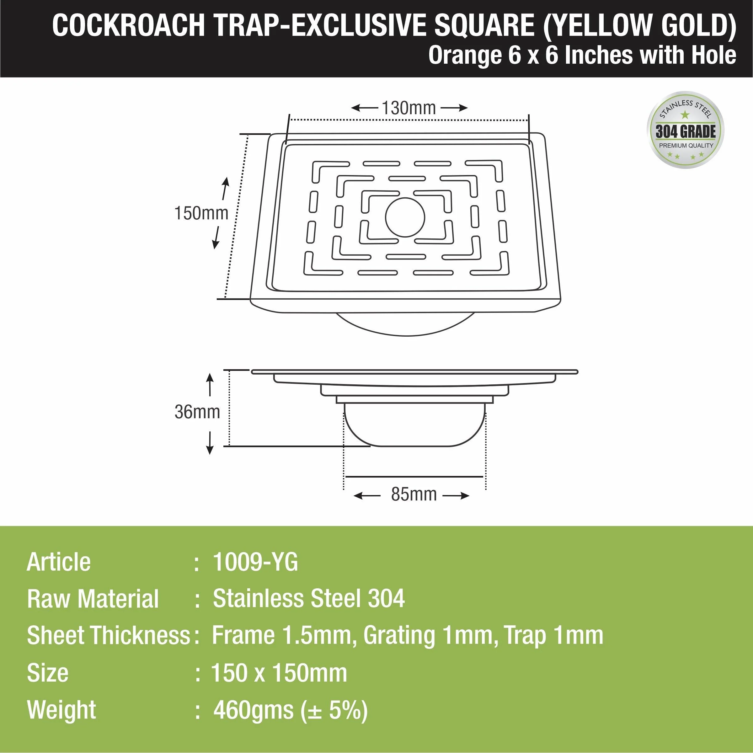 Orange Exclusive Square Floor Drain in Yellow Gold PVD Coating (6 x 6 Inches) with Hole & Cockroach Trap - LIPKA - Image 2