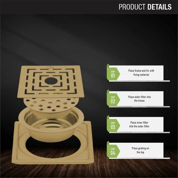 Orange Exclusive Square Floor Drain in Yellow Gold PVD Coating (6 x 6 Inches) with Hole & Cockroach Trap - LIPKA - Image 3
