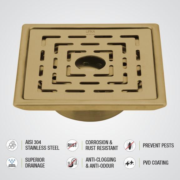 Orange Exclusive Square Floor Drain in Yellow Gold PVD Coating (6 x 6 Inches) with Hole & Cockroach Trap - LIPKA - Image 4