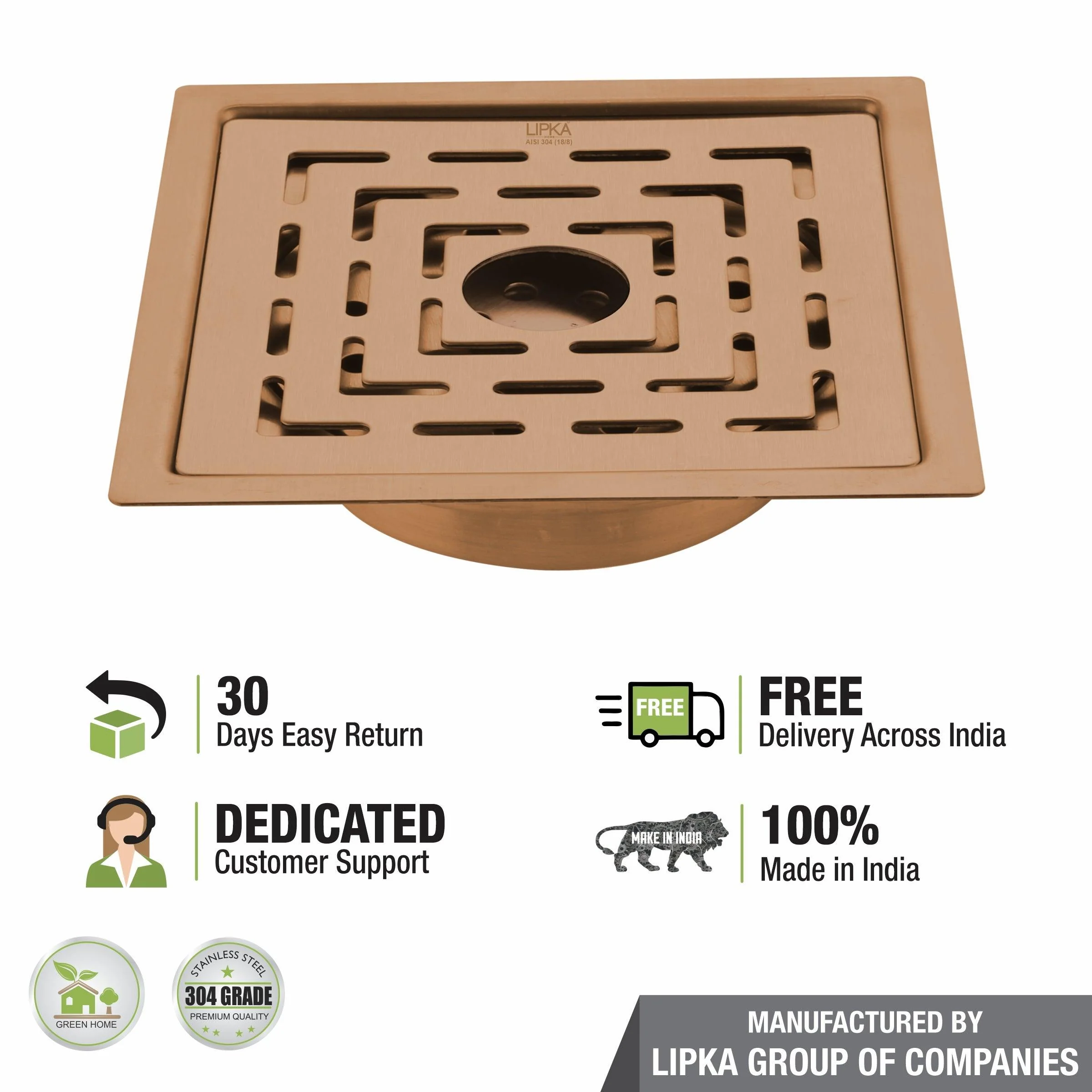 Orange Flat Cut Exclusive Square Floor Drain in Antique Copper PVD Coating (5 x 5 Inches) with Hole & Cockroach Trap - LIPKA - Image 5