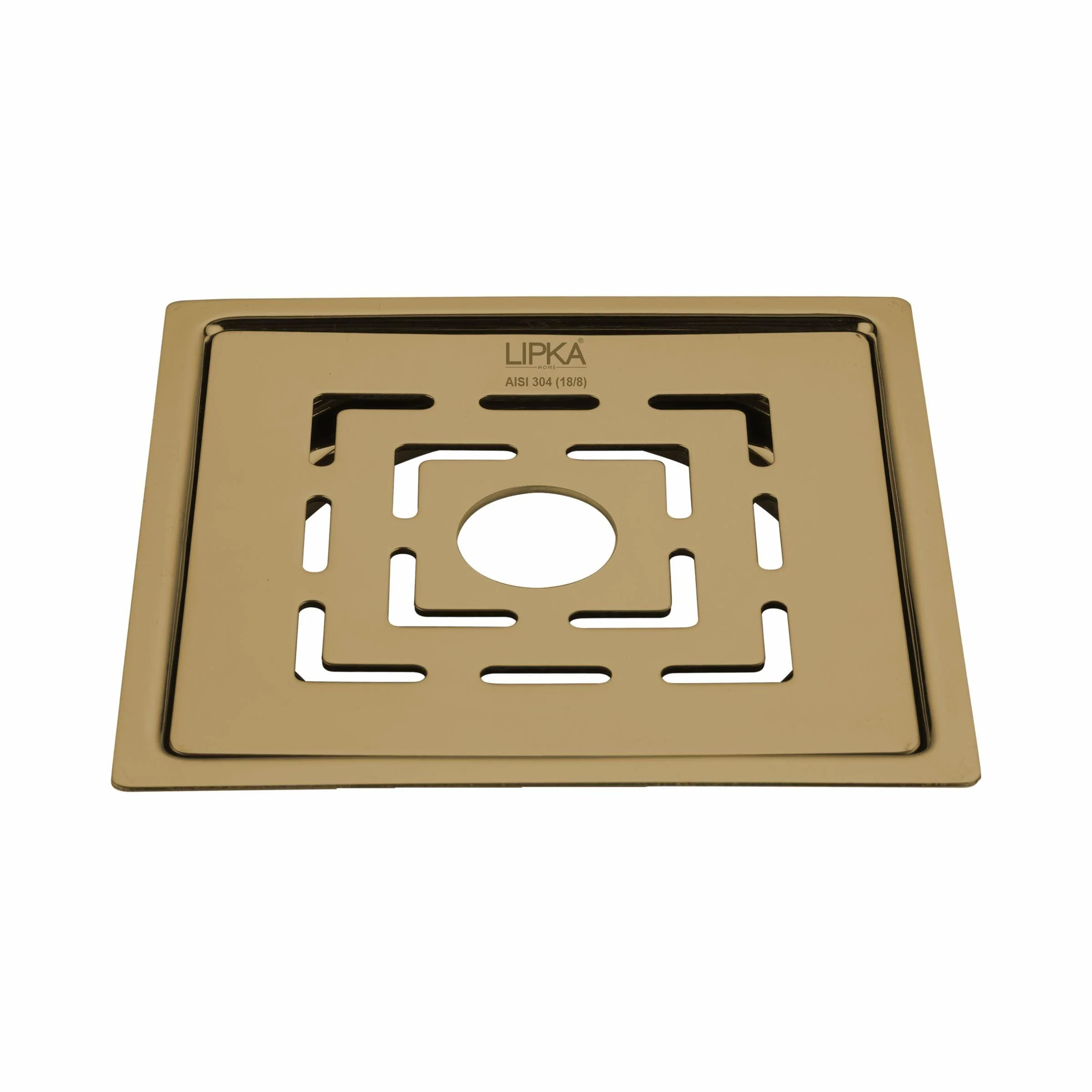 Orange Flat Cut Exclusive Square Floor Drain in Yellow Gold PVD Coating (5 x 5 Inches) with Hole - LIPKA