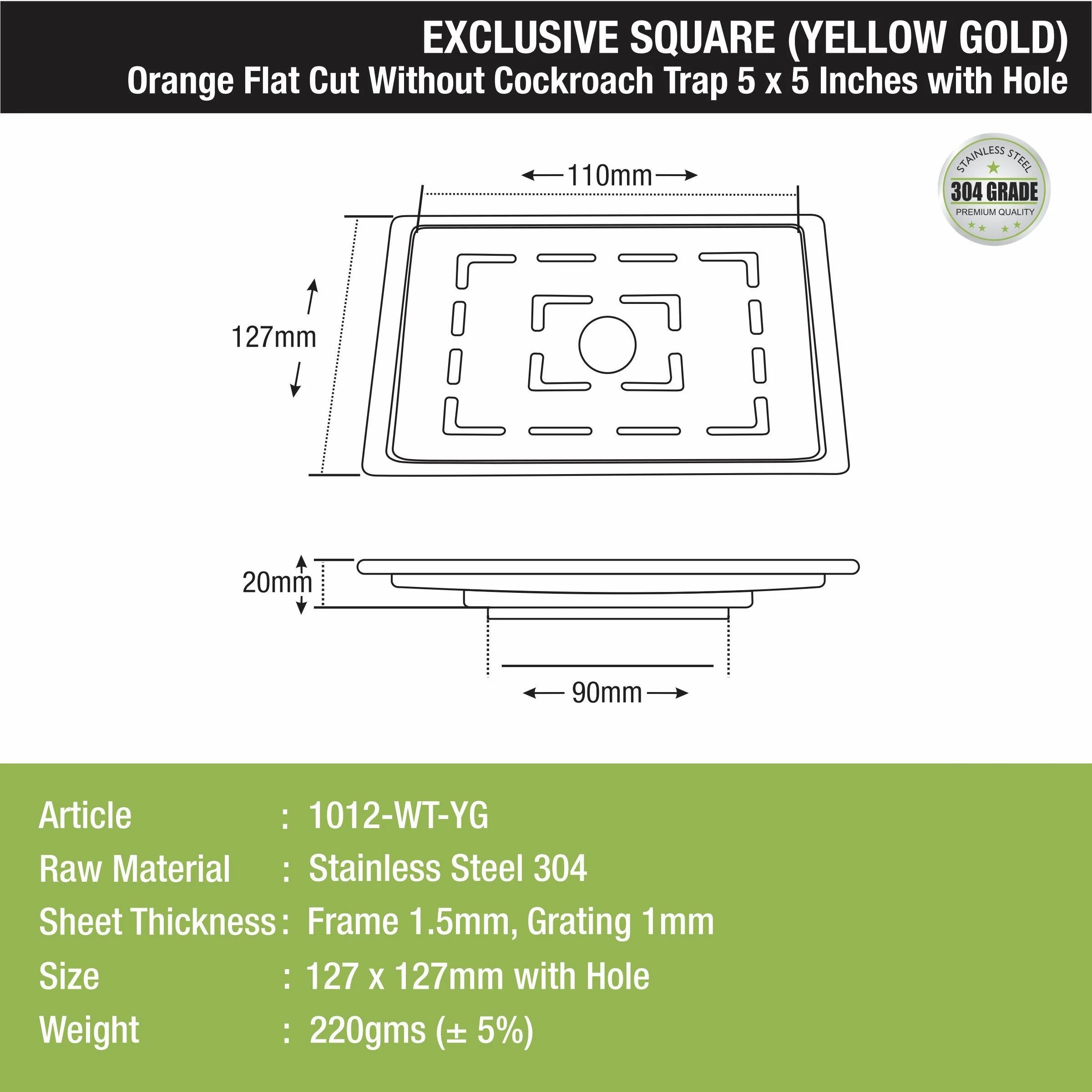 Orange Flat Cut Exclusive Square Floor Drain in Yellow Gold PVD Coating (5 x 5 Inches) with Hole - LIPKA - Image 2
