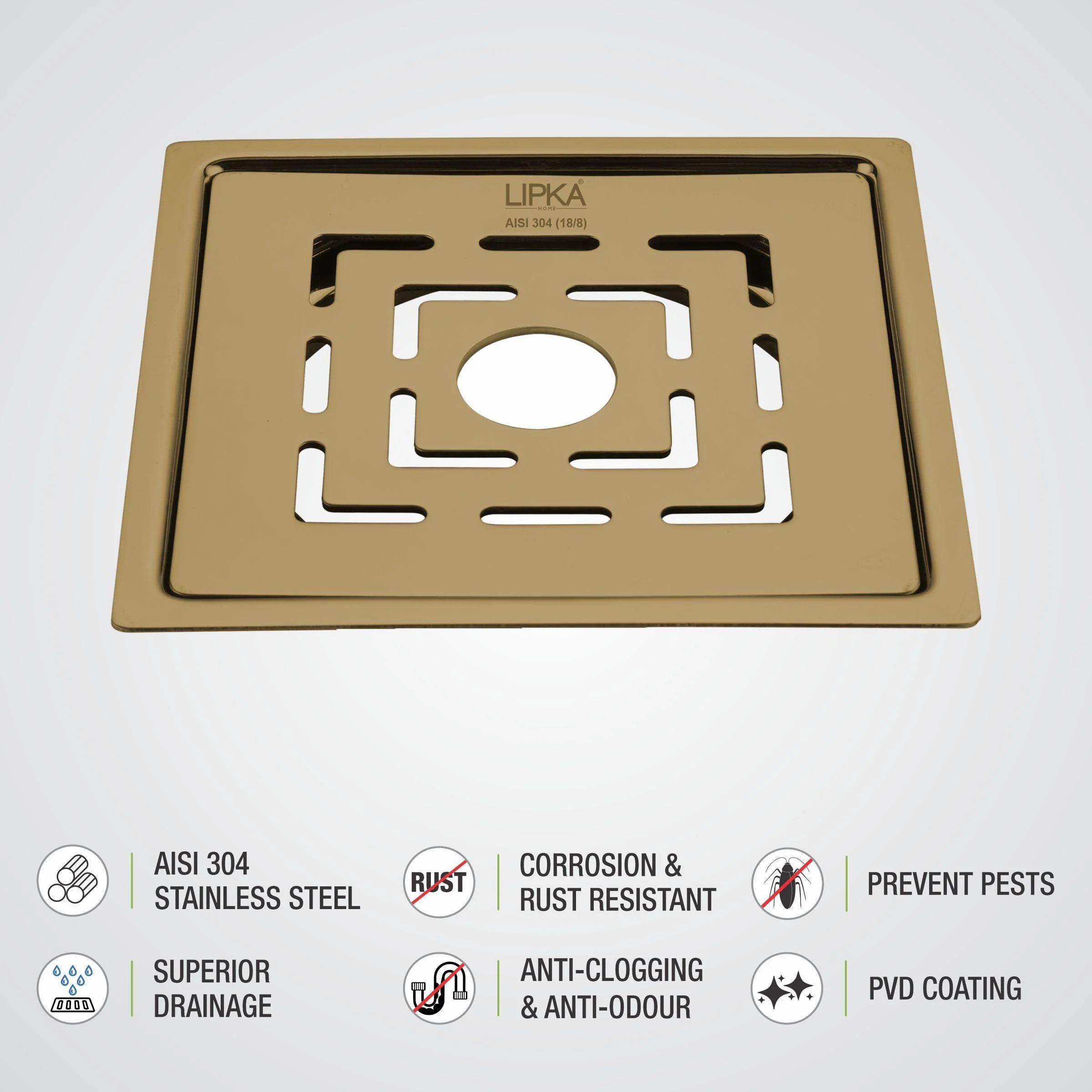 Orange Flat Cut Exclusive Square Floor Drain in Yellow Gold PVD Coating (5 x 5 Inches) with Hole - LIPKA - Image 3