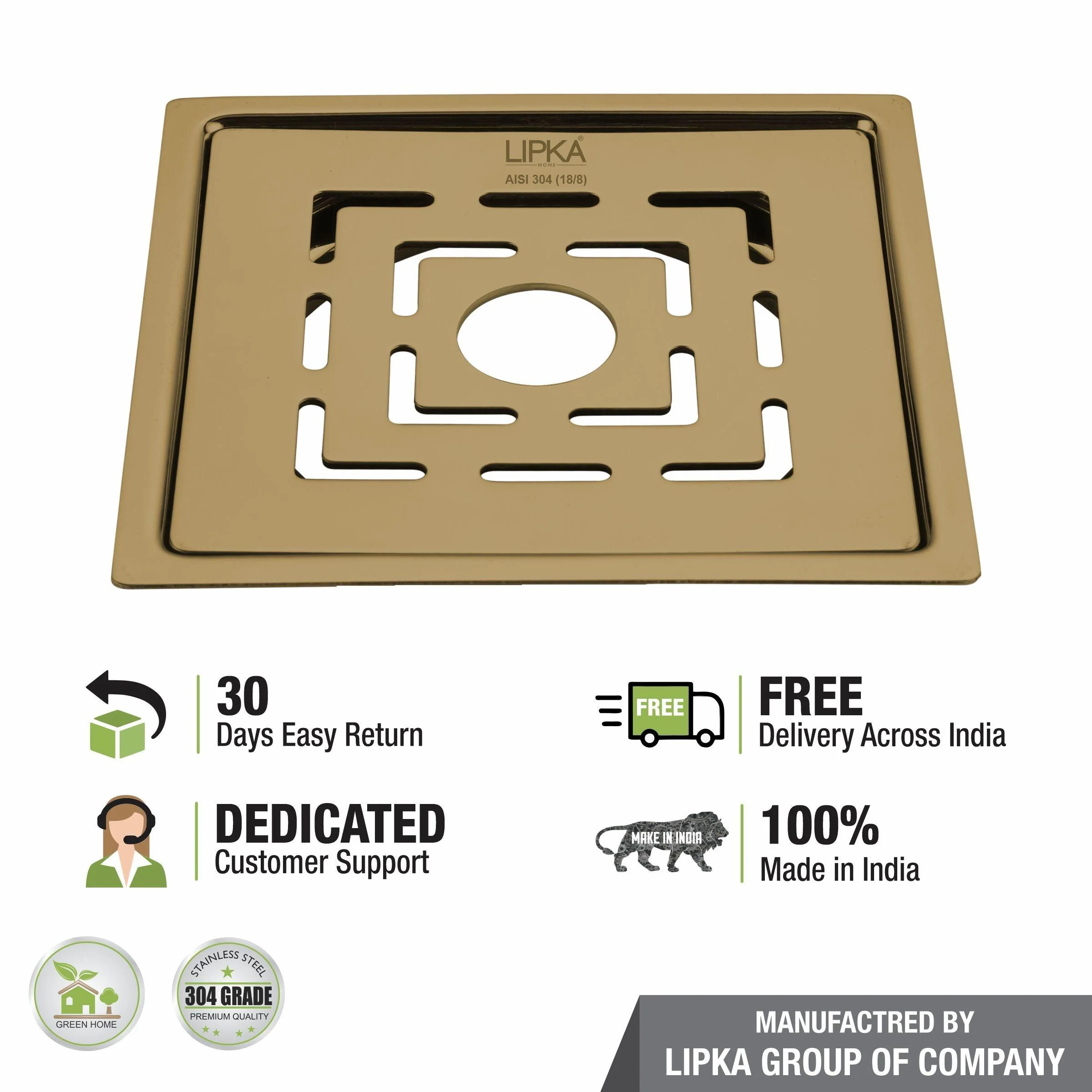 Orange Flat Cut Exclusive Square Floor Drain in Yellow Gold PVD Coating (5 x 5 Inches) with Hole - LIPKA - Image 4