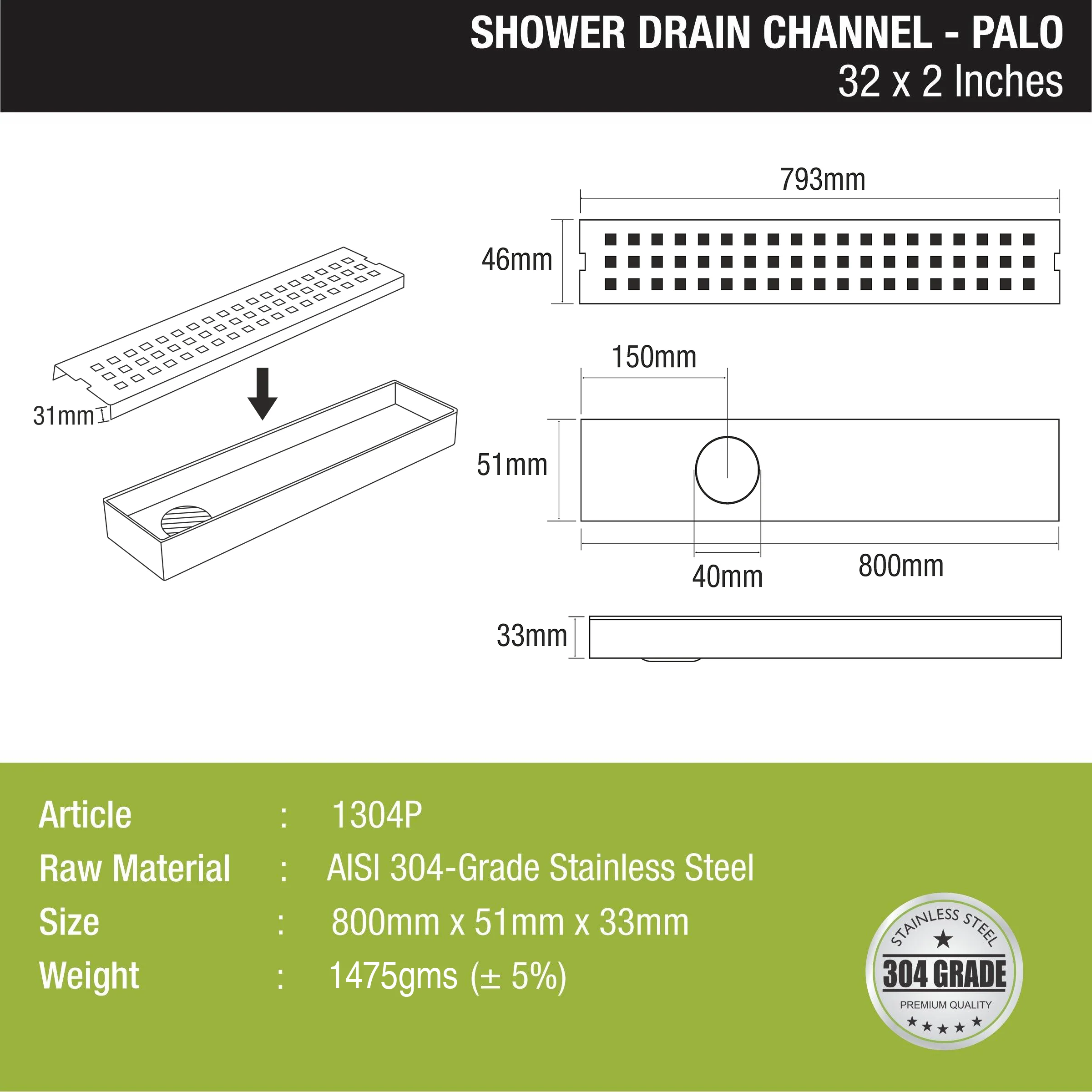 Palo Shower Drain Channel 304-Grade (32 x 2 Inches) - LIPKA - Image 2
