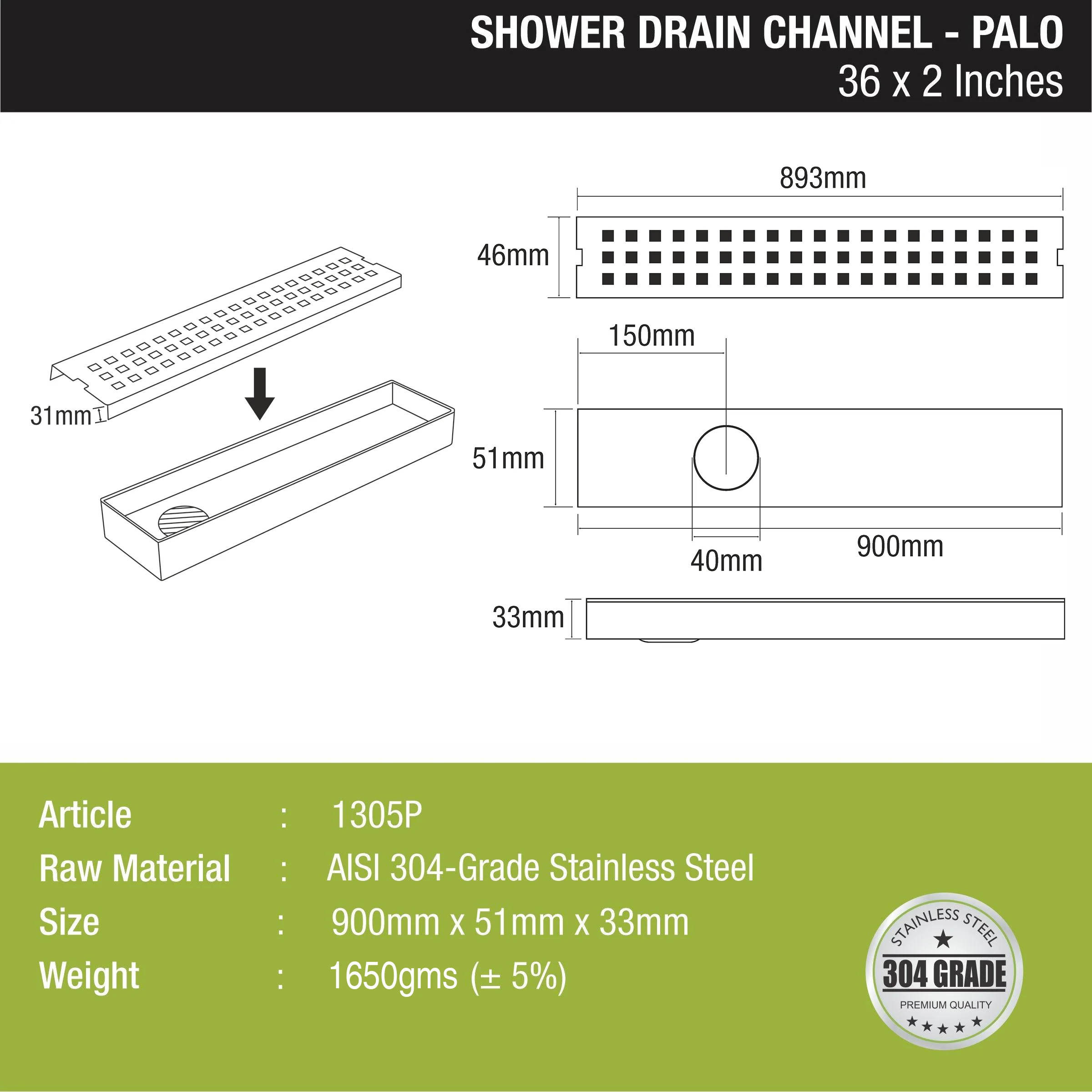 Palo Shower Drain Channel 304-Grade (36 x 2 Inches) - LIPKA - Image 2