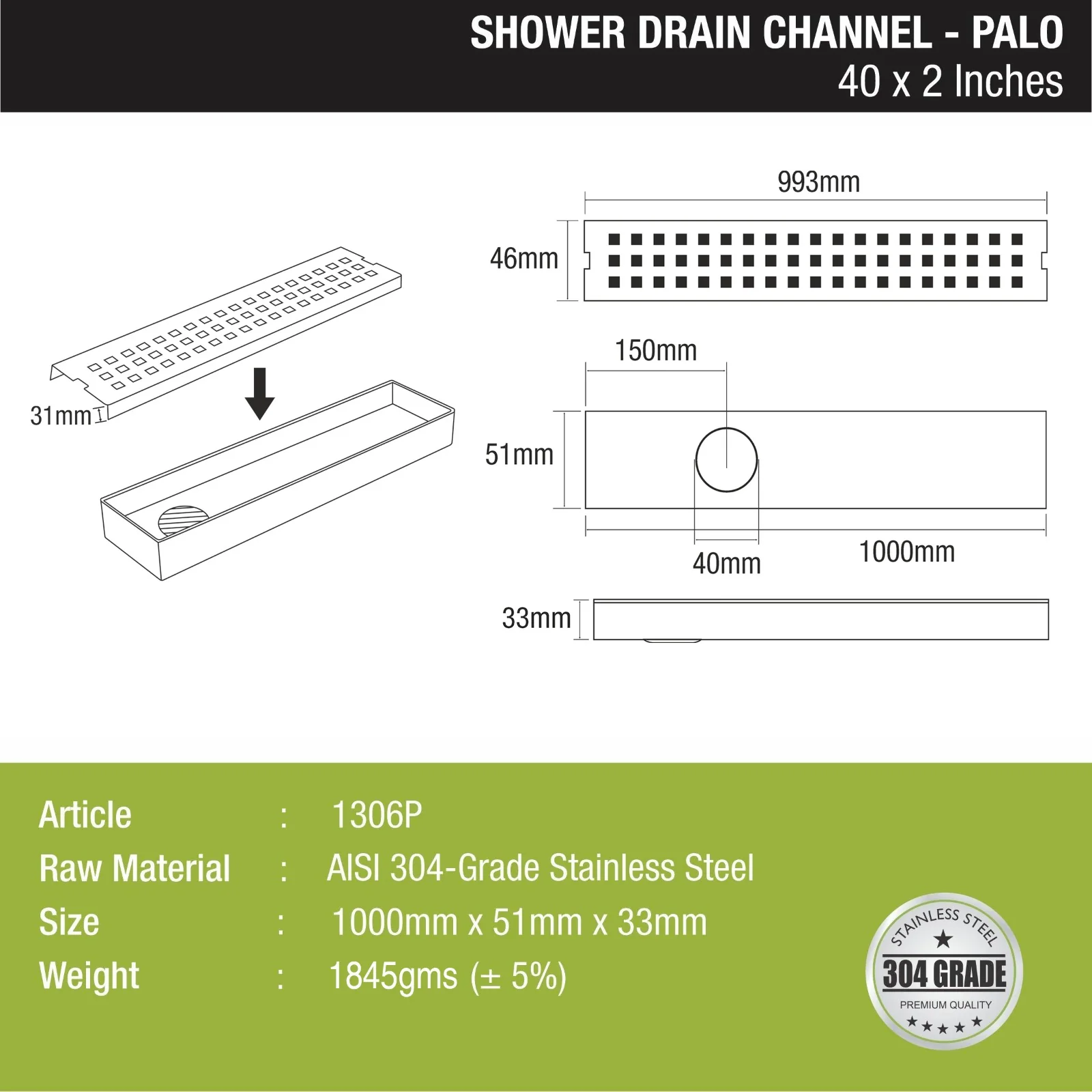 Palo Shower Drain Channel 304-Grade (40 x 2 Inches) - LIPKA - Image 2