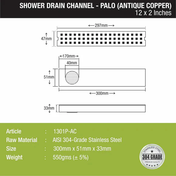 Palo Shower Drain Channel - Antique Copper (12 x 2 Inches) - LIPKA - Image 2