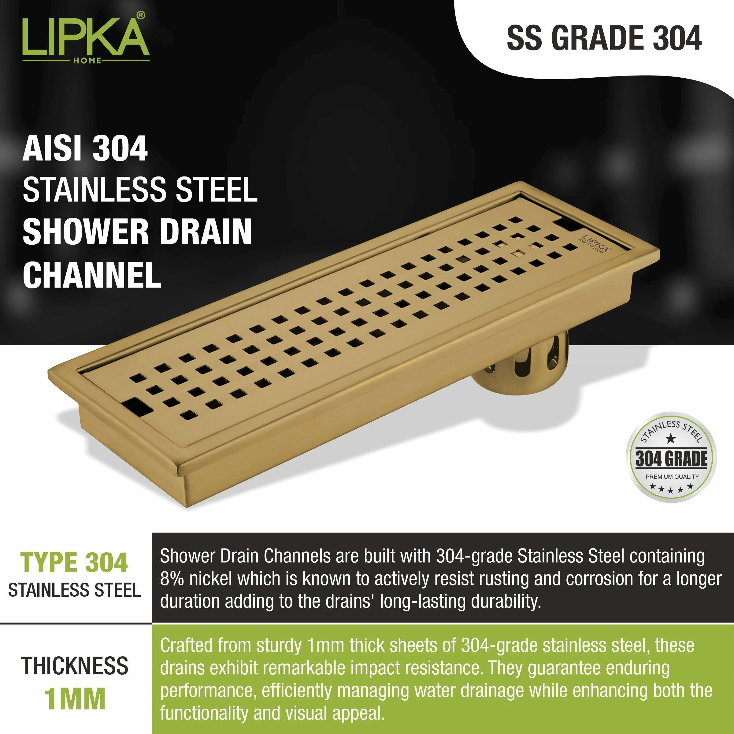 Palo Shower Drain Channel - Yellow Gold (24 x 5 Inches) - LIPKA - Image 7