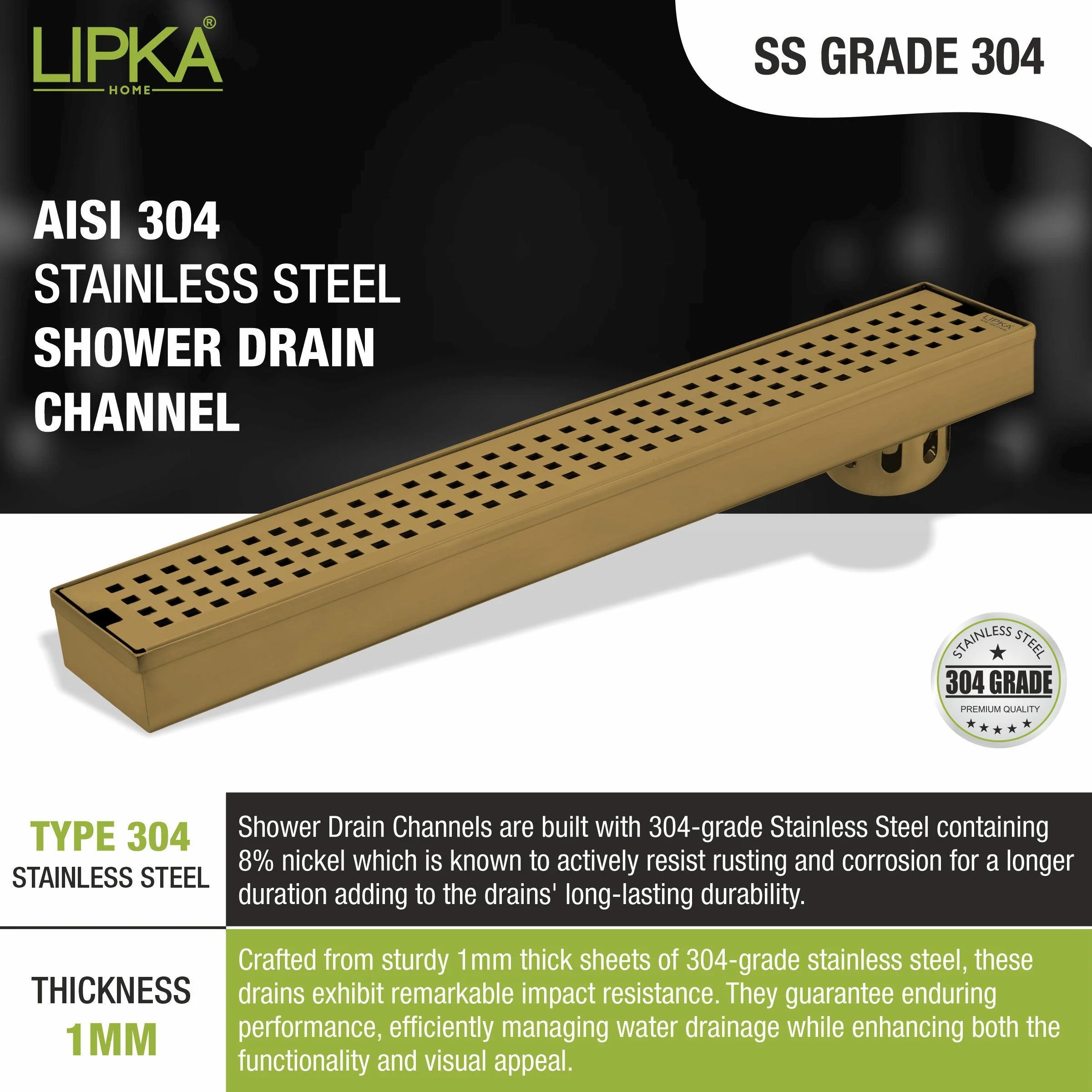 Palo Shower Drain Channel - Yellow Gold (32 x 3 Inches) - LIPKA - Image 7