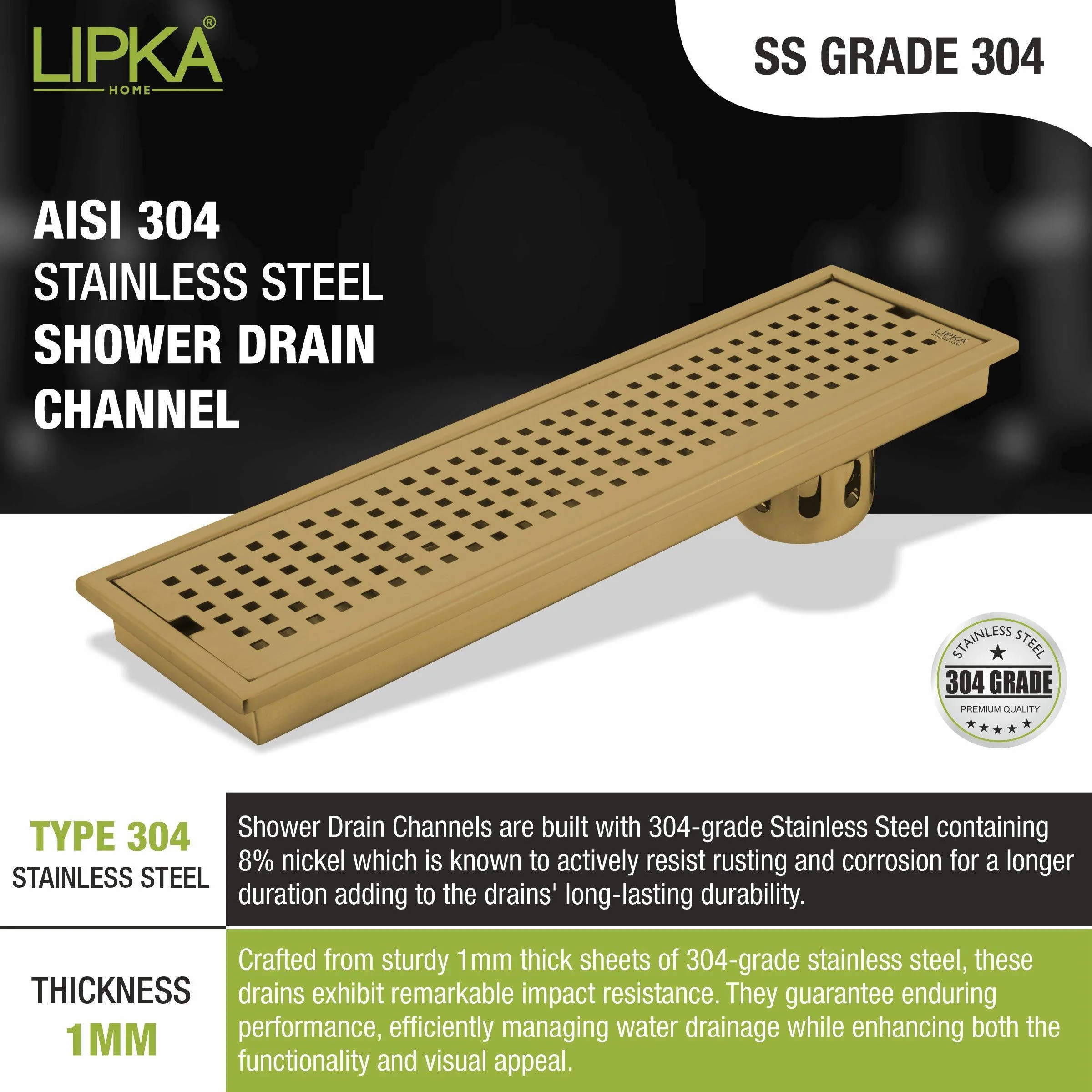 Palo Shower Drain Channel - Yellow Gold (40 x 4 Inches) - LIPKA - Image 7