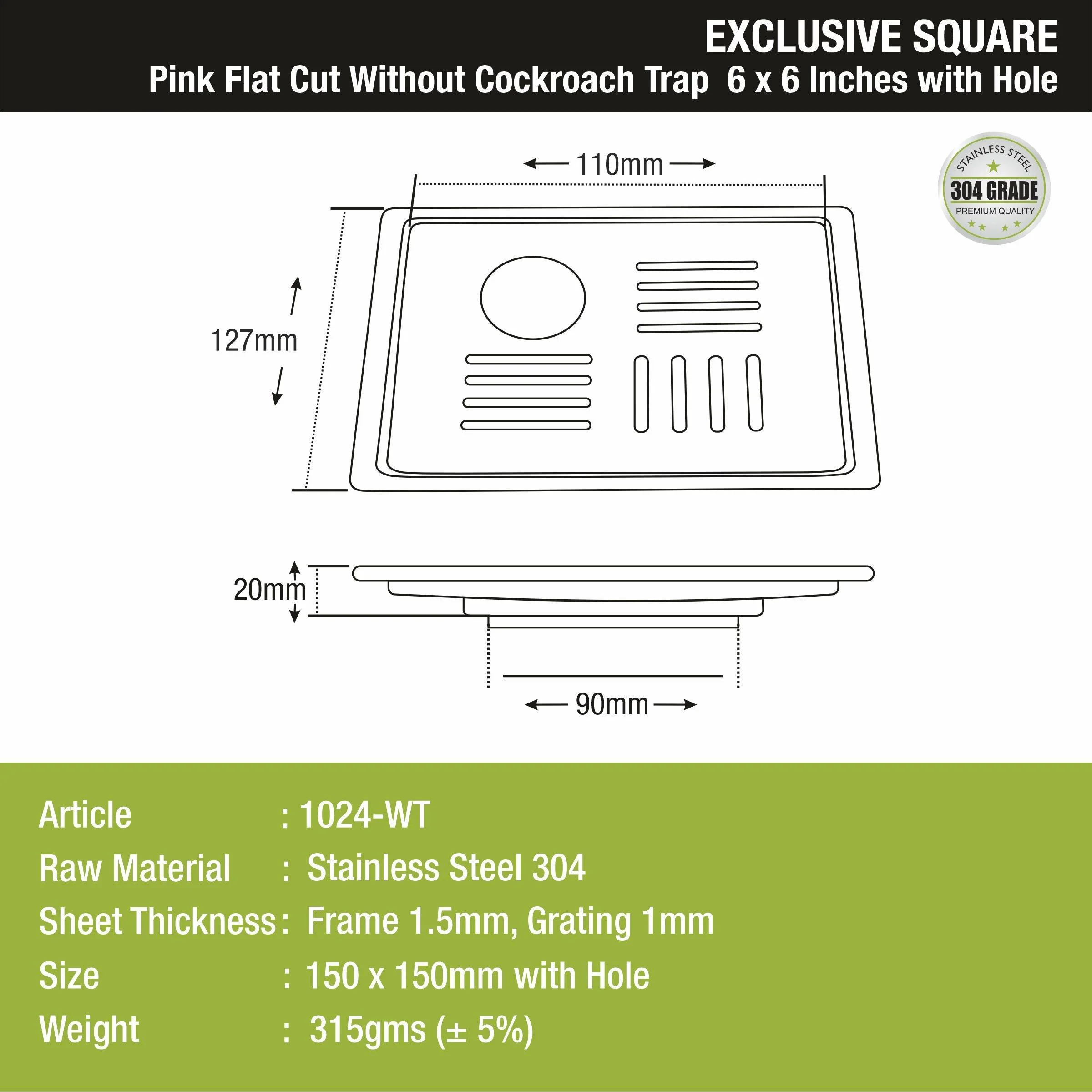 Pink Exclusive Square Flat Cut Floor Drain (6 x 6 Inches) with Hole - LIPKA - Image 2