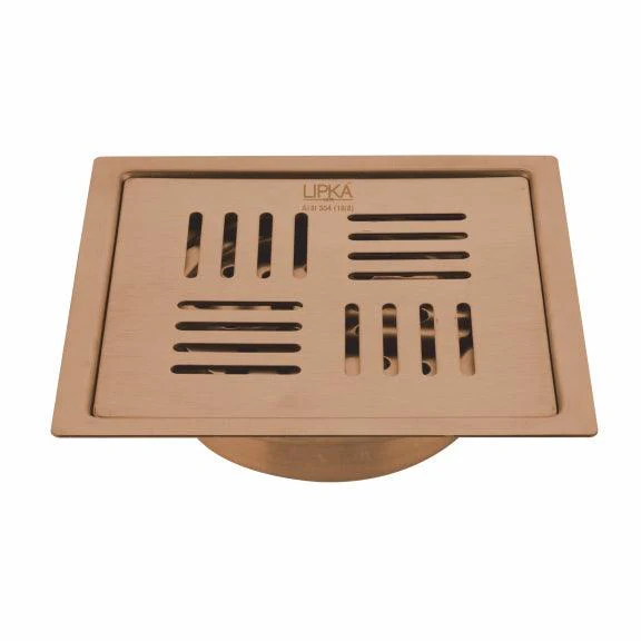 Pink Exclusive Square Flat Cut Floor Drain in Antique Copper PVD Coating (5 x 5 Inches) with Cockroach Trap - LIPKA