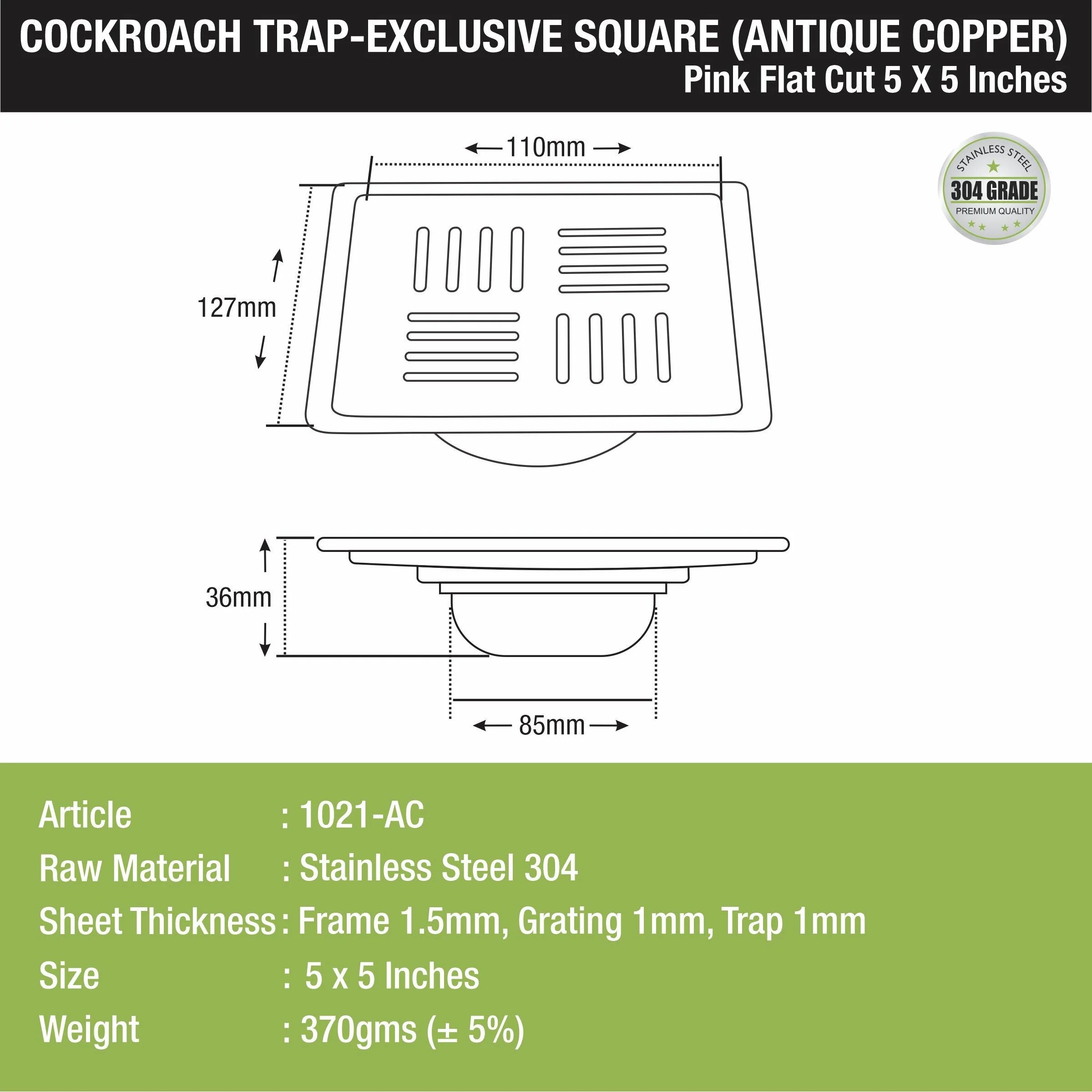 Pink Exclusive Square Flat Cut Floor Drain in Antique Copper PVD Coating (5 x 5 Inches) with Cockroach Trap - LIPKA - Image 2