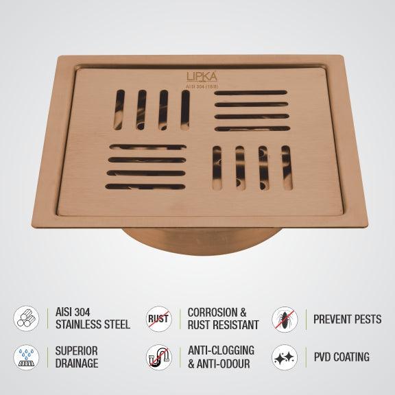 Pink Exclusive Square Flat Cut Floor Drain in Antique Copper PVD Coating (5 x 5 Inches) with Cockroach Trap - LIPKA - Image 4