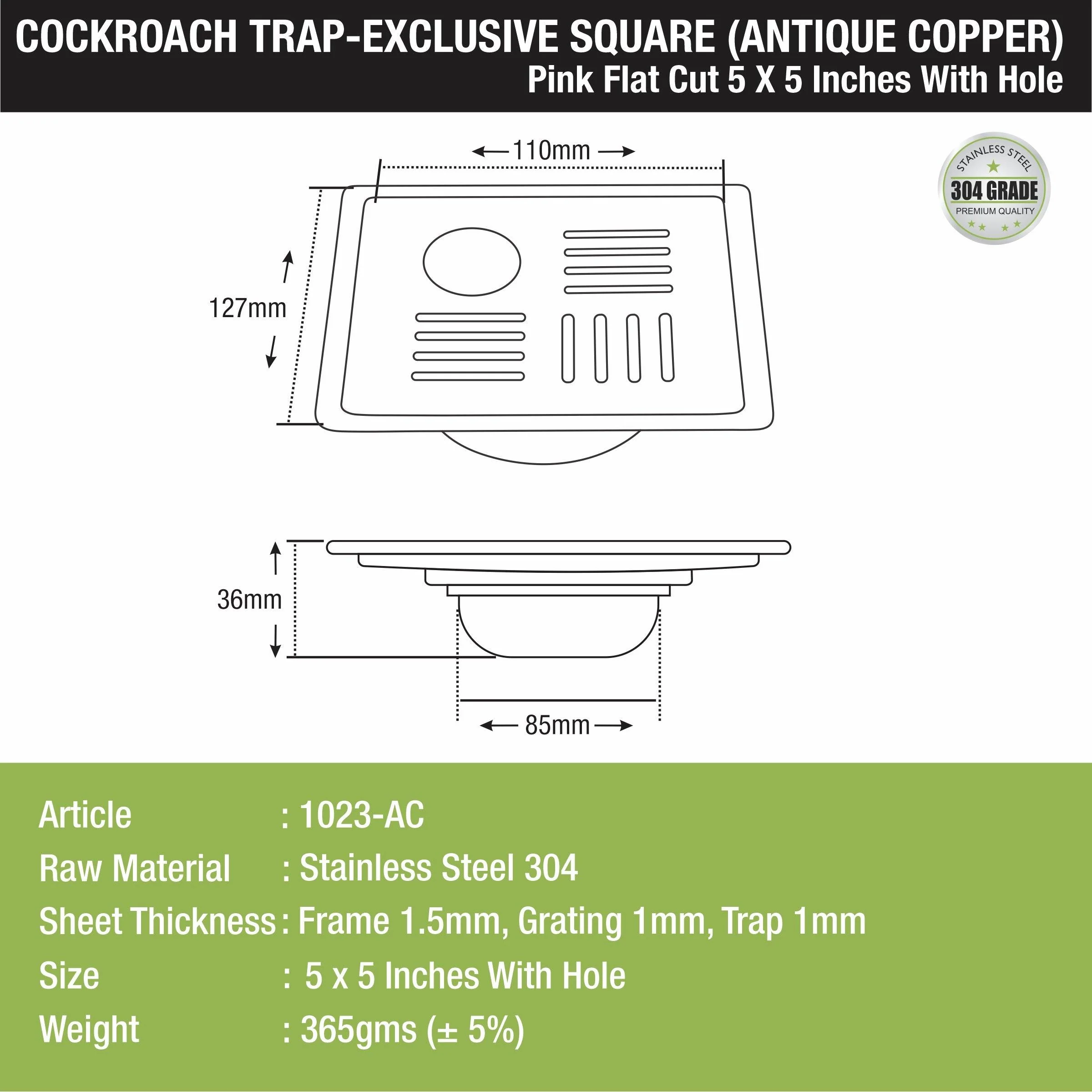 Pink Exclusive Square Flat Cut Floor Drain in Antique Copper PVD Coating (5 x 5 Inches) with Hole & Cockroach Trap - LIPKA - Image 2