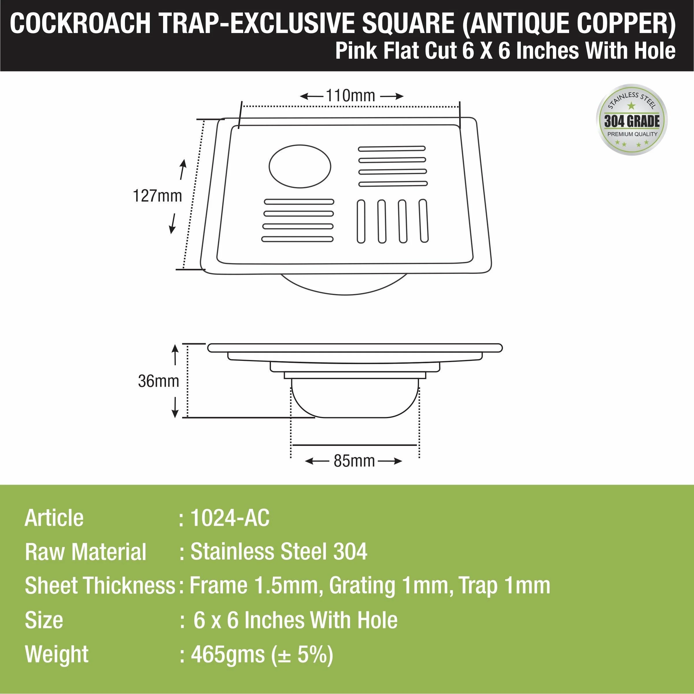 Pink Exclusive Square Flat Cut Floor Drain in Antique Copper PVD Coating (6 x 6 Inches) with Hole & Cockroach Trap - LIPKA - Image 2