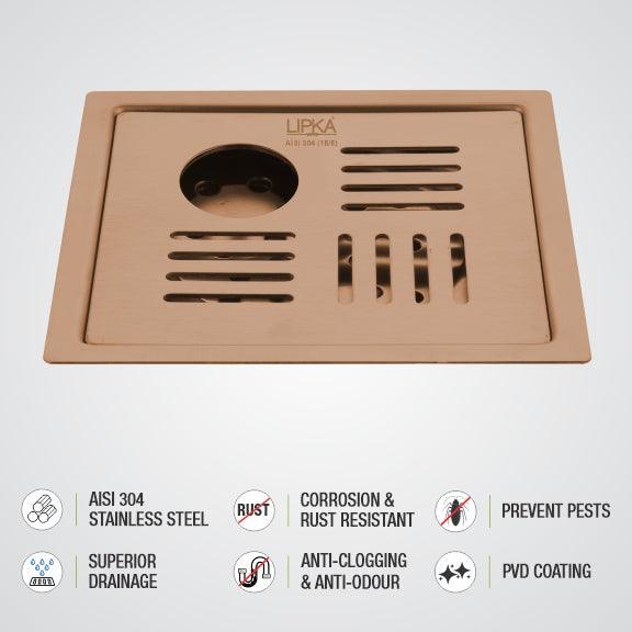 Pink Exclusive Square Flat Cut Floor Drain in Antique Copper PVD Coating (6 x 6 Inches) with Hole - LIPKA - Image 3