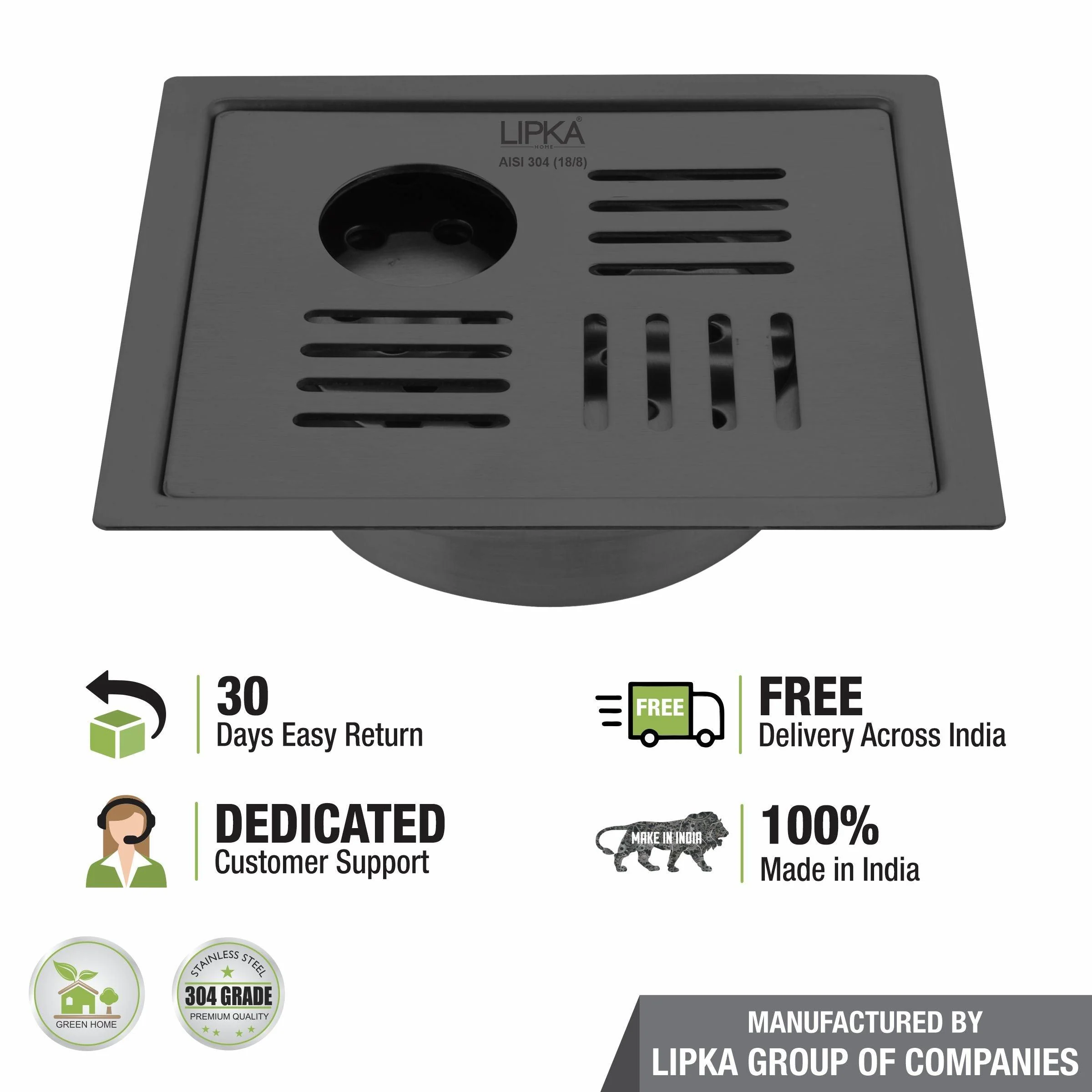 Pink Exclusive Square Flat Cut Floor Drain in Black PVD Coating (5 x 5 Inches) with Hole & Cockroach Trap - LIPKA - Image 5