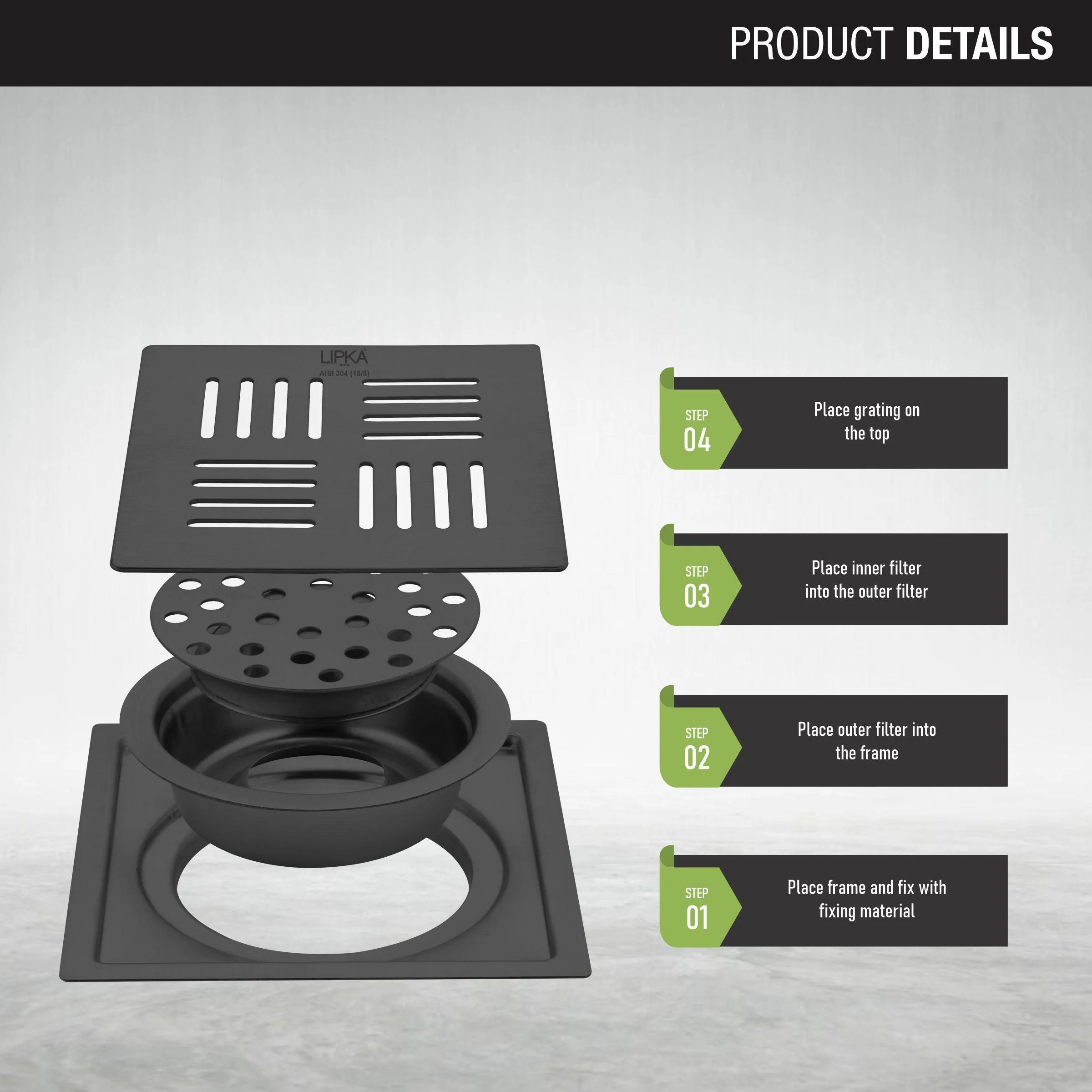 Pink Exclusive Square Flat Cut Floor Drain in Black PVD Coating (5 x 5 Inches) with Cockroach Trap - LIPKA - Image 3