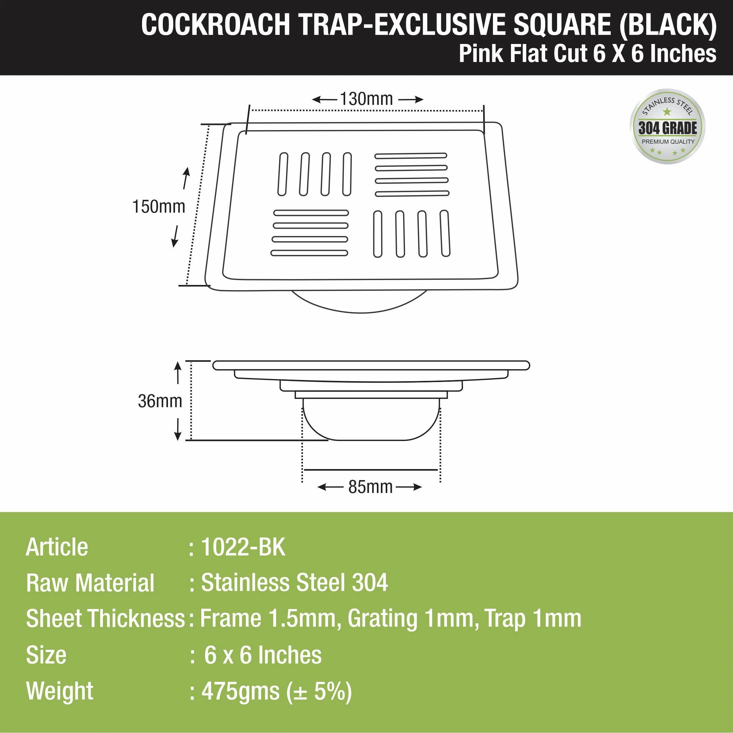 Pink Exclusive Square Flat Cut Floor Drain in Black PVD Coating (6 x 6 Inches) with Cockroach Trap - LIPKA - Image 2