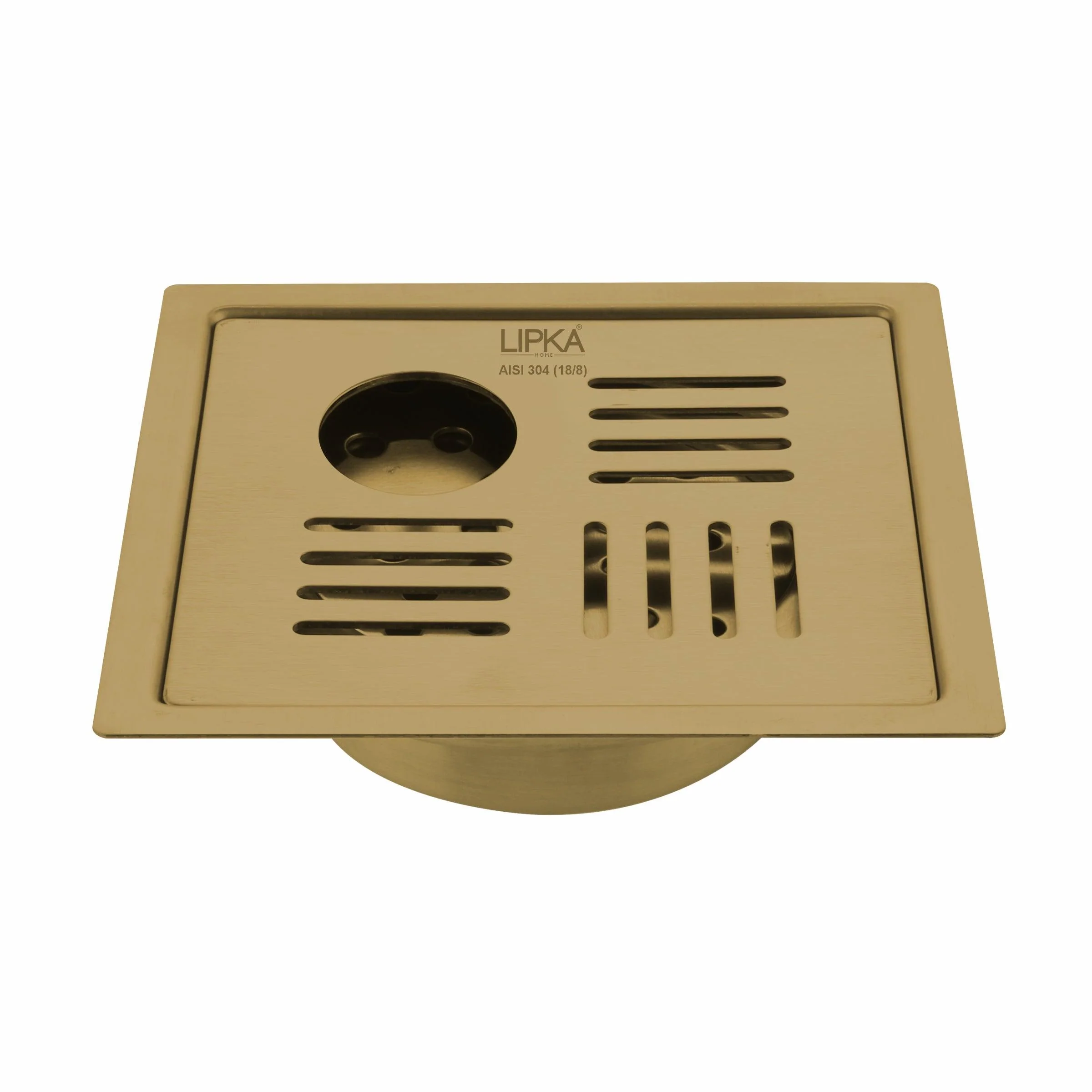 Pink Exclusive Square Flat Cut Floor Drain in Yellow Gold PVD Coating (6 x 6 Inches) with Hole & Cockroach Trap - LIPKA