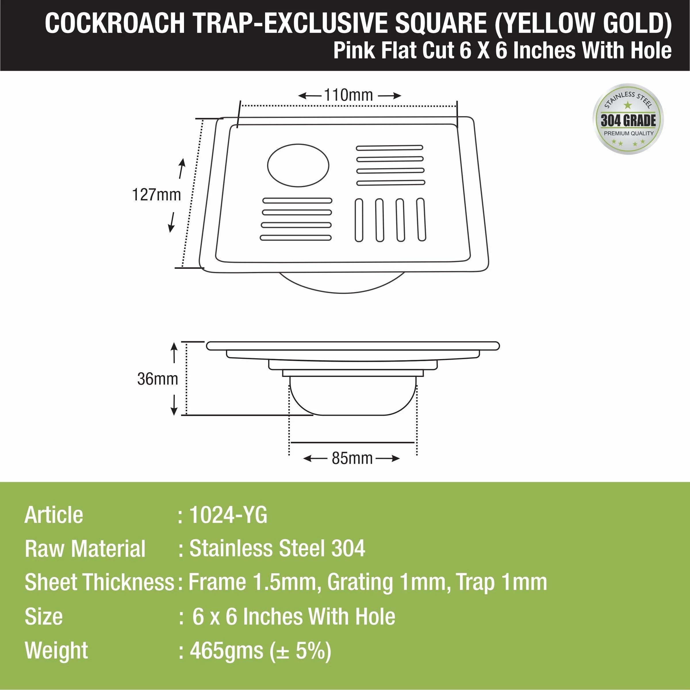Pink Exclusive Square Flat Cut Floor Drain in Yellow Gold PVD Coating (6 x 6 Inches) with Hole & Cockroach Trap - LIPKA - Image 2