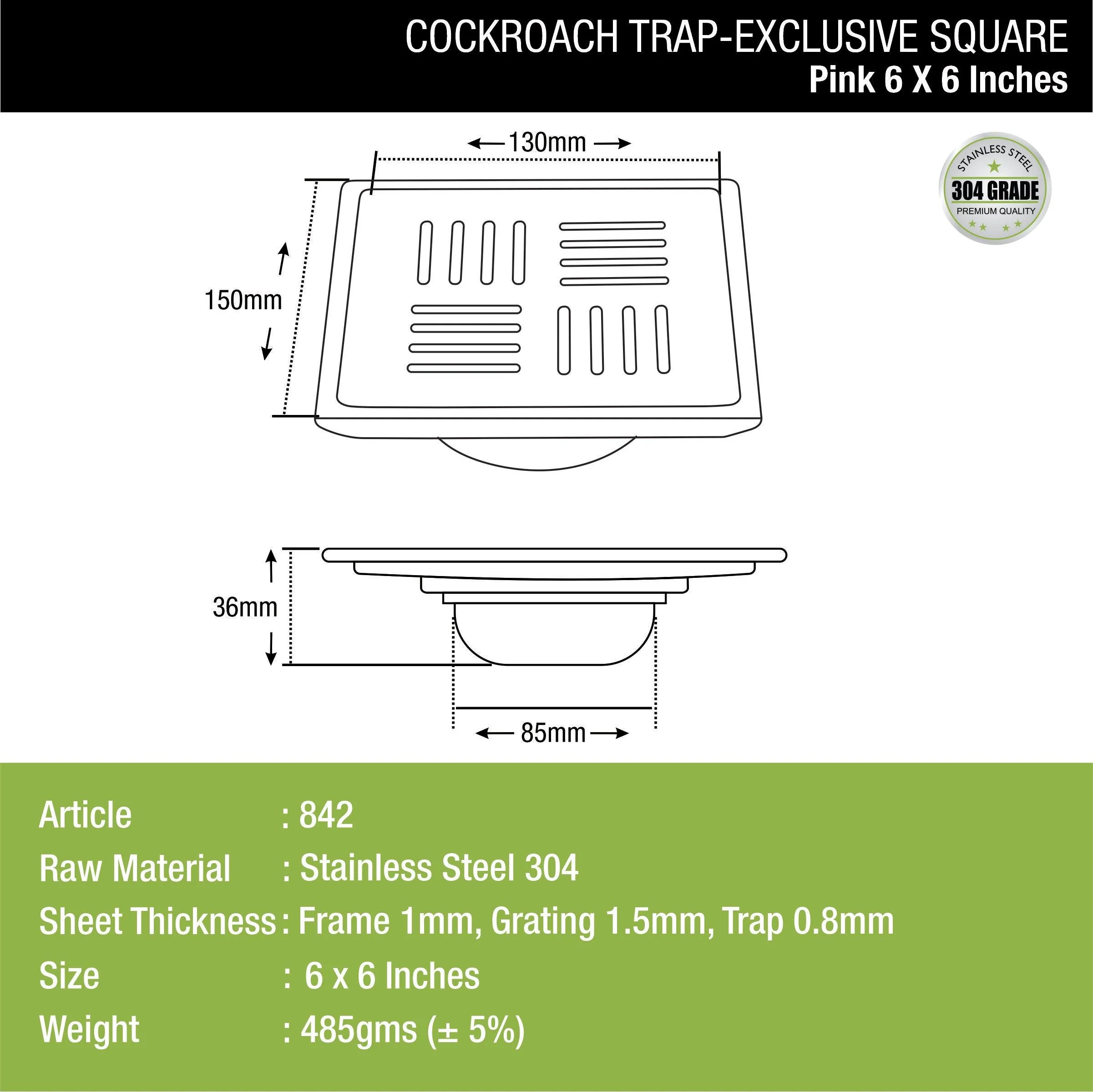 Pink Exclusive Square Floor Drain (6 x 6 Inches) with Cockroach Trap - LIPKA - Image 3
