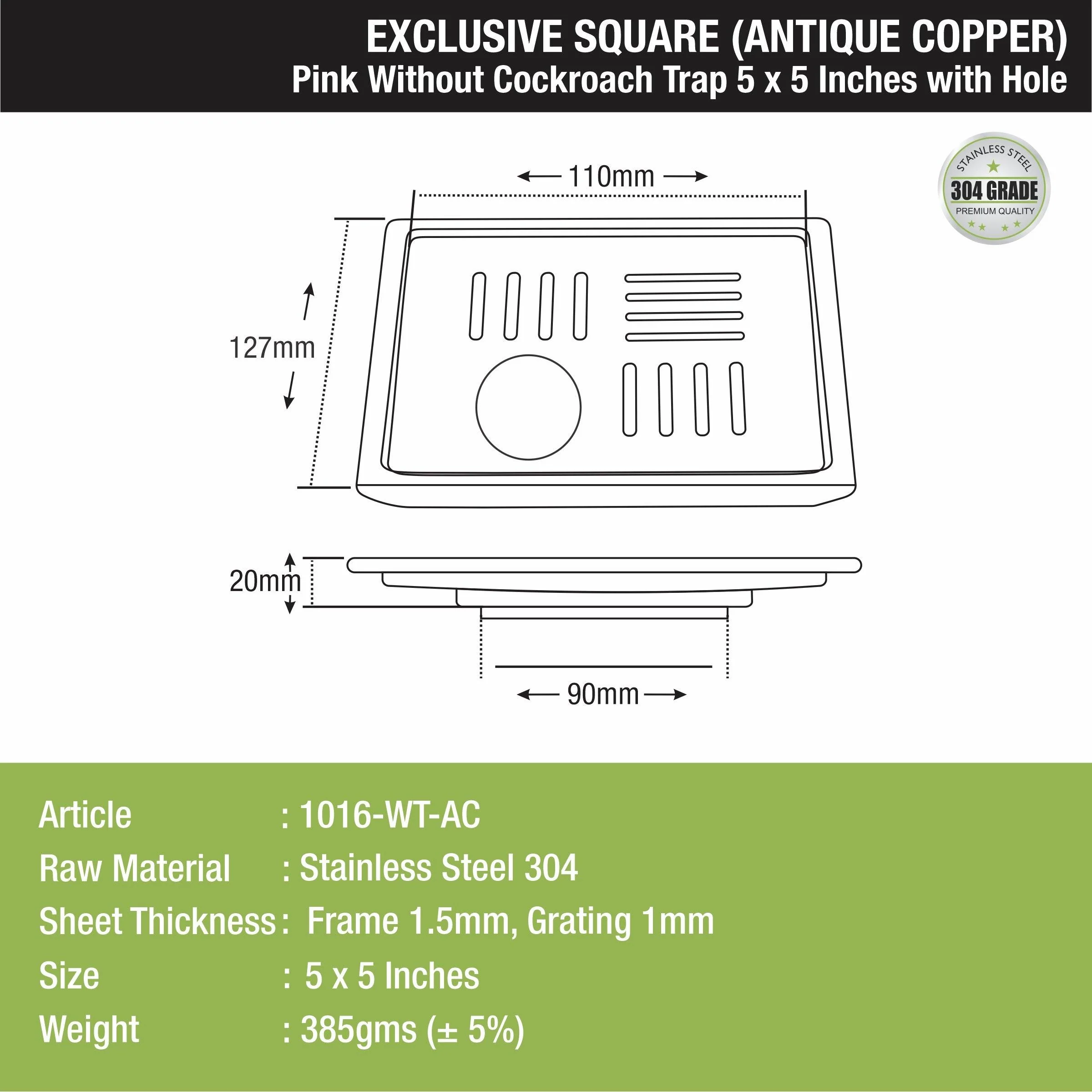 Pink Exclusive Square Floor Drain in Antique Copper PVD Coating (5 x 5 Inches) with Hole - LIPKA - Image 2