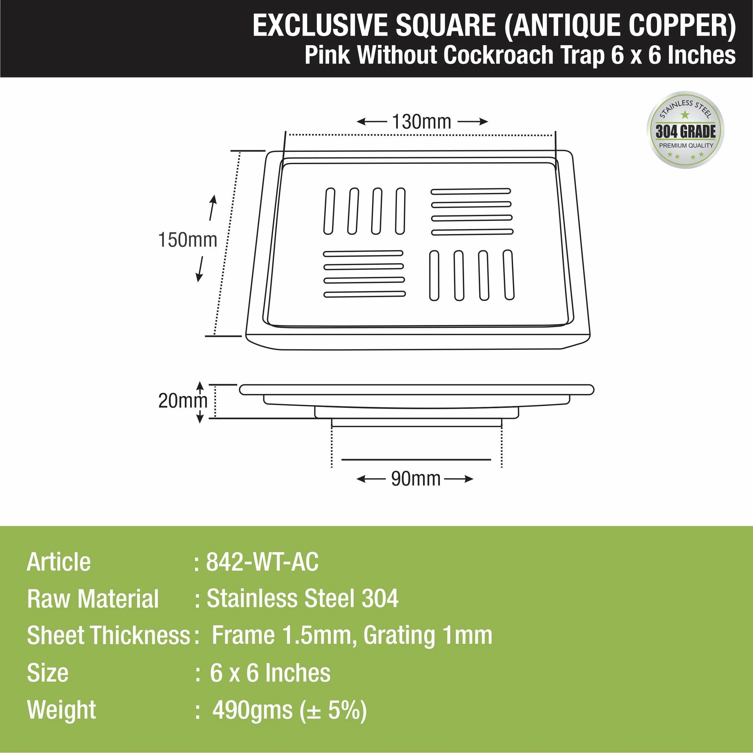 Pink Exclusive Square Floor Drain in Antique Copper PVD Coating (6 x 6 Inches) - LIPKA - Image 2