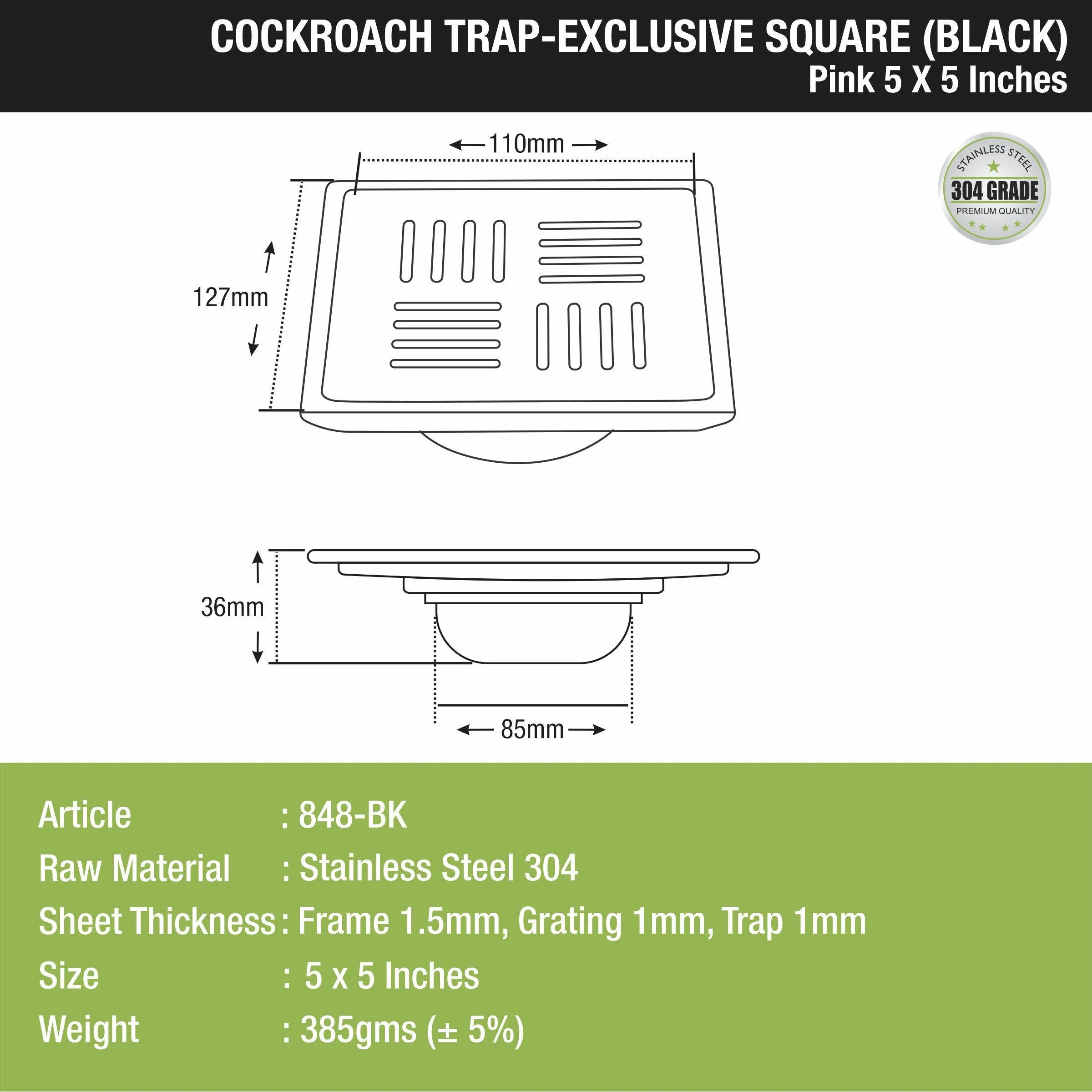 Pink Exclusive Square Floor Drain in Black PVD Coating (5 x 5 Inches) with Cockroach Trap - LIPKA - Image 2