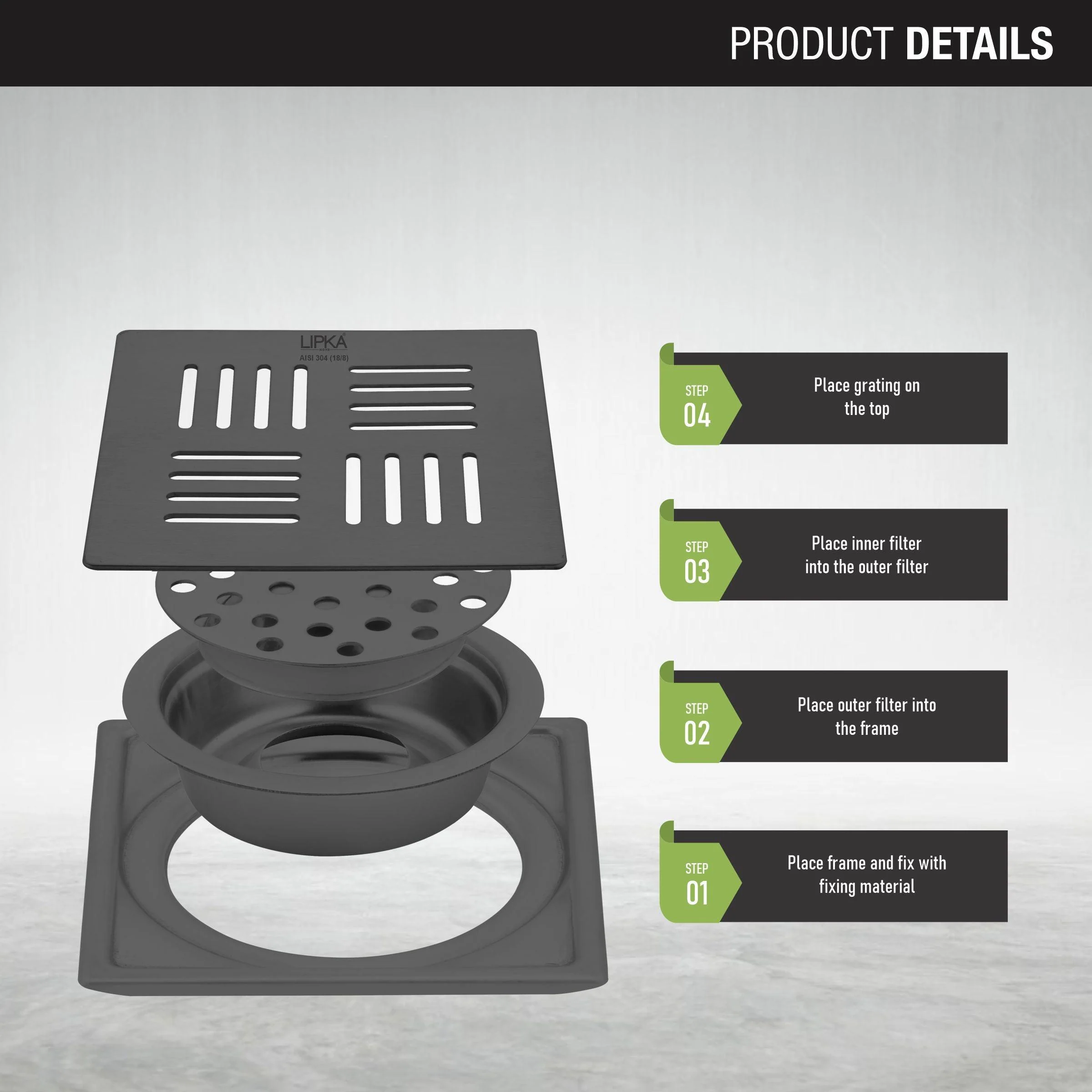 Pink Exclusive Square Floor Drain in Black PVD Coating (5 x 5 Inches) with Cockroach Trap - LIPKA - Image 3