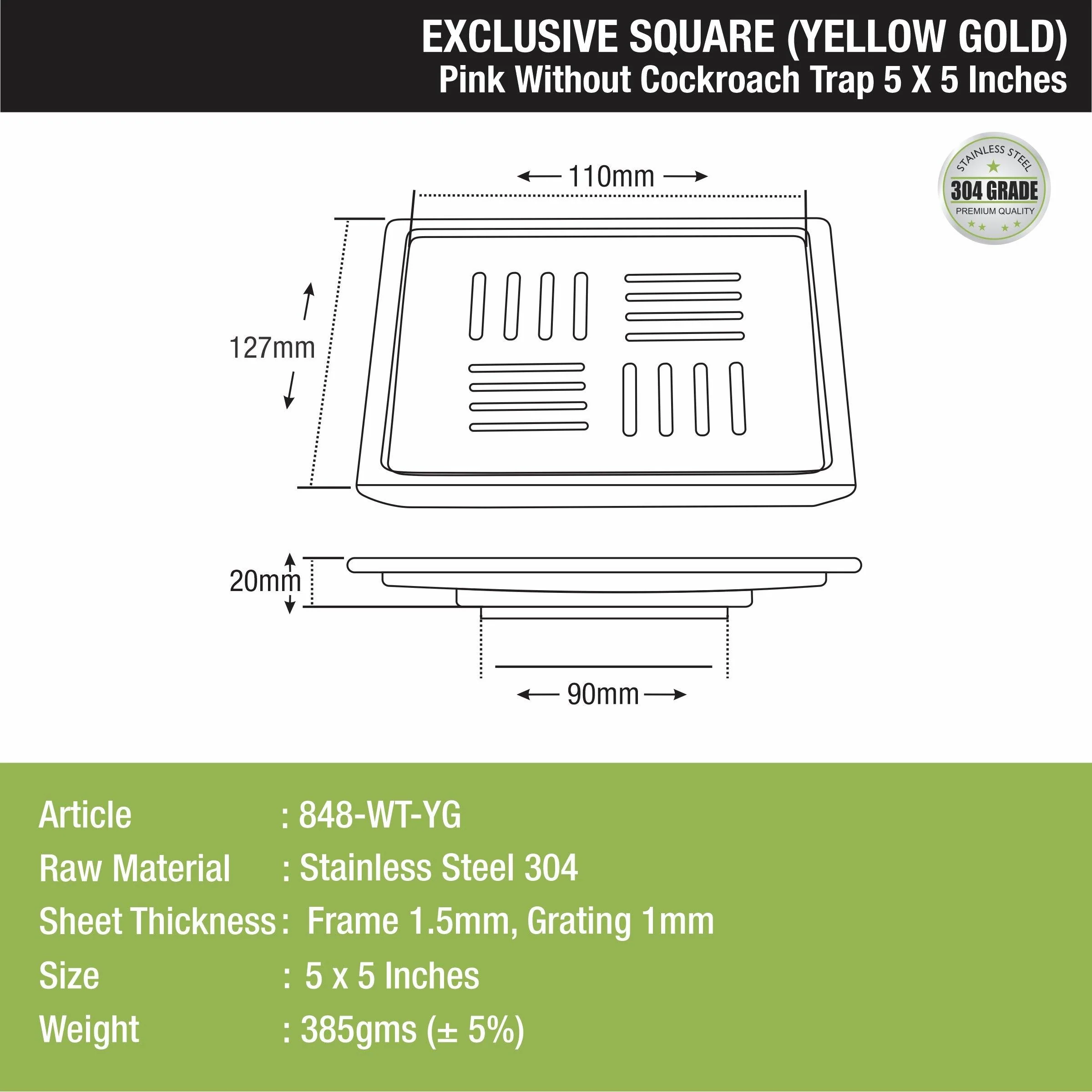 Pink Exclusive Square Floor Drain in Yellow Gold PVD Coating (5 x 5 Inches) - LIPKA - Image 2