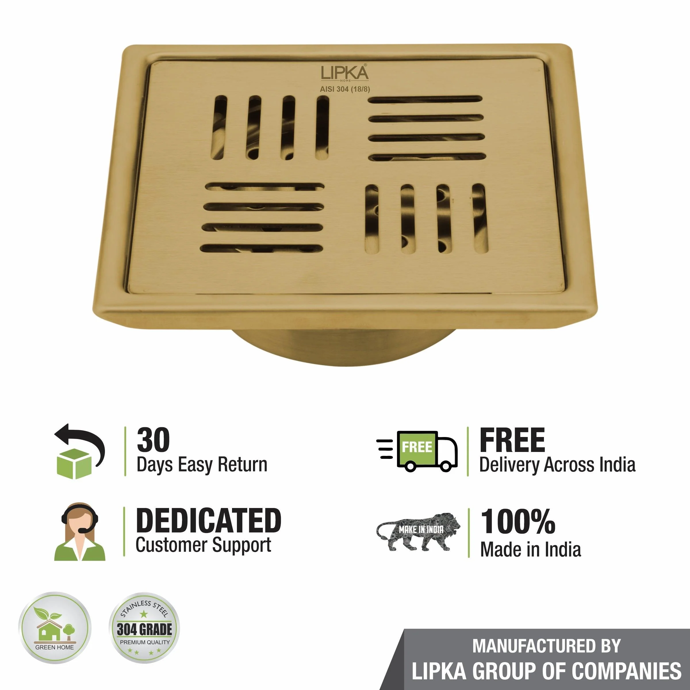 Pink Exclusive Square Floor Drain in Yellow Gold PVD Coating (5 x 5 Inches) with Cockroach Trap - LIPKA - Image 5