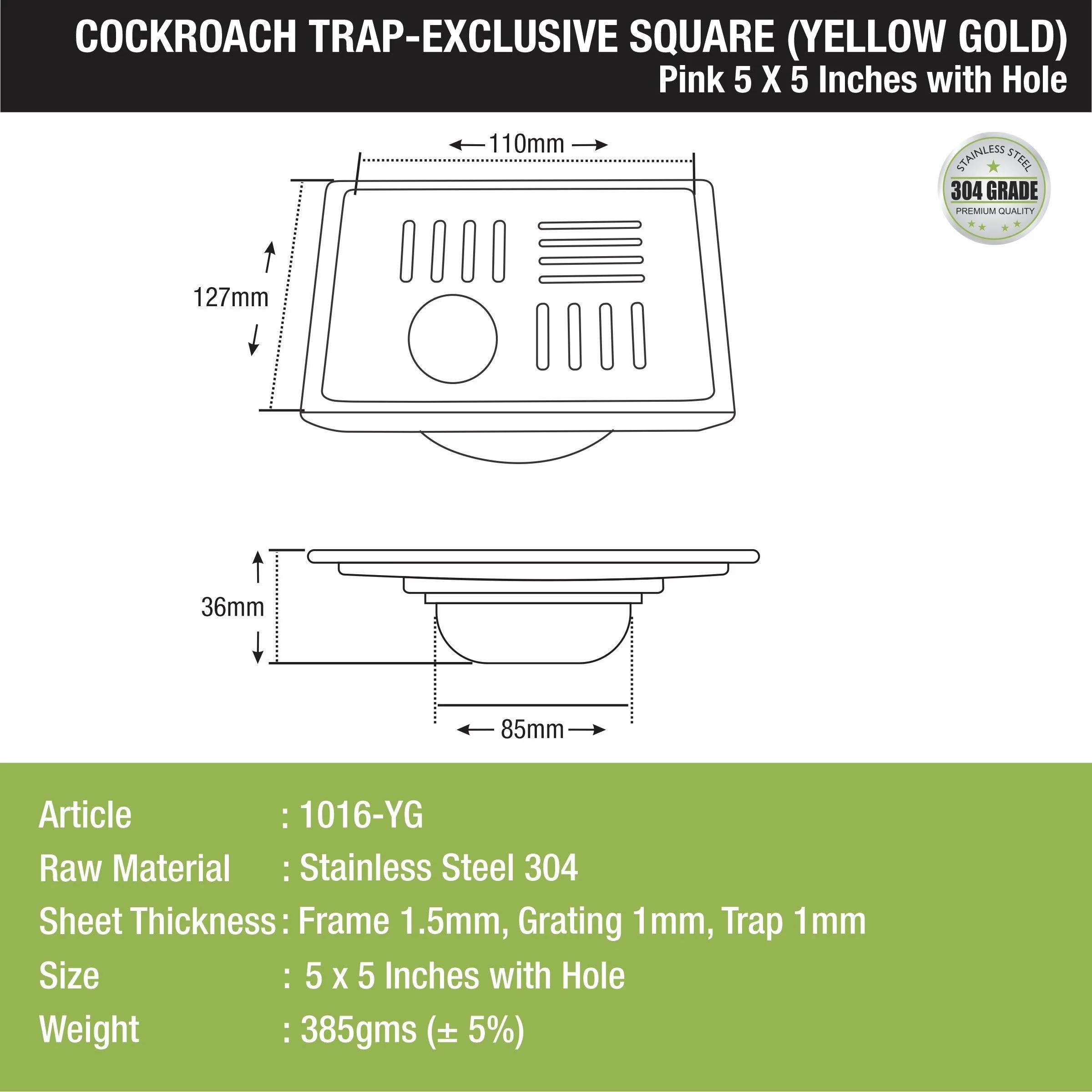 Pink Exclusive Square Floor Drain in Yellow Gold PVD Coating (5 x 5 Inches) with Hole & Cockroach Trap - LIPKA - Image 2