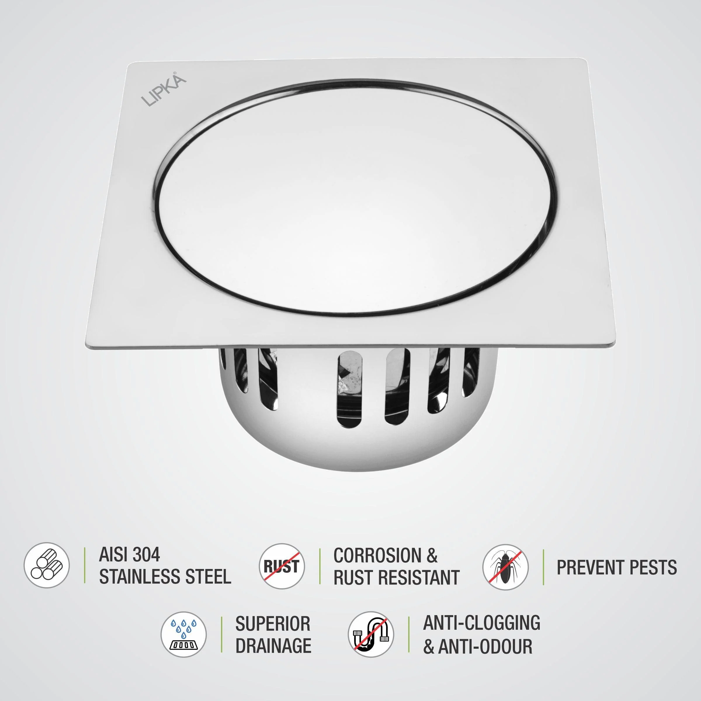 Pop-up Square Floor Drain (5.5 x 5.5 Inches) with Cockroach Trap - LIPKA - Image 3