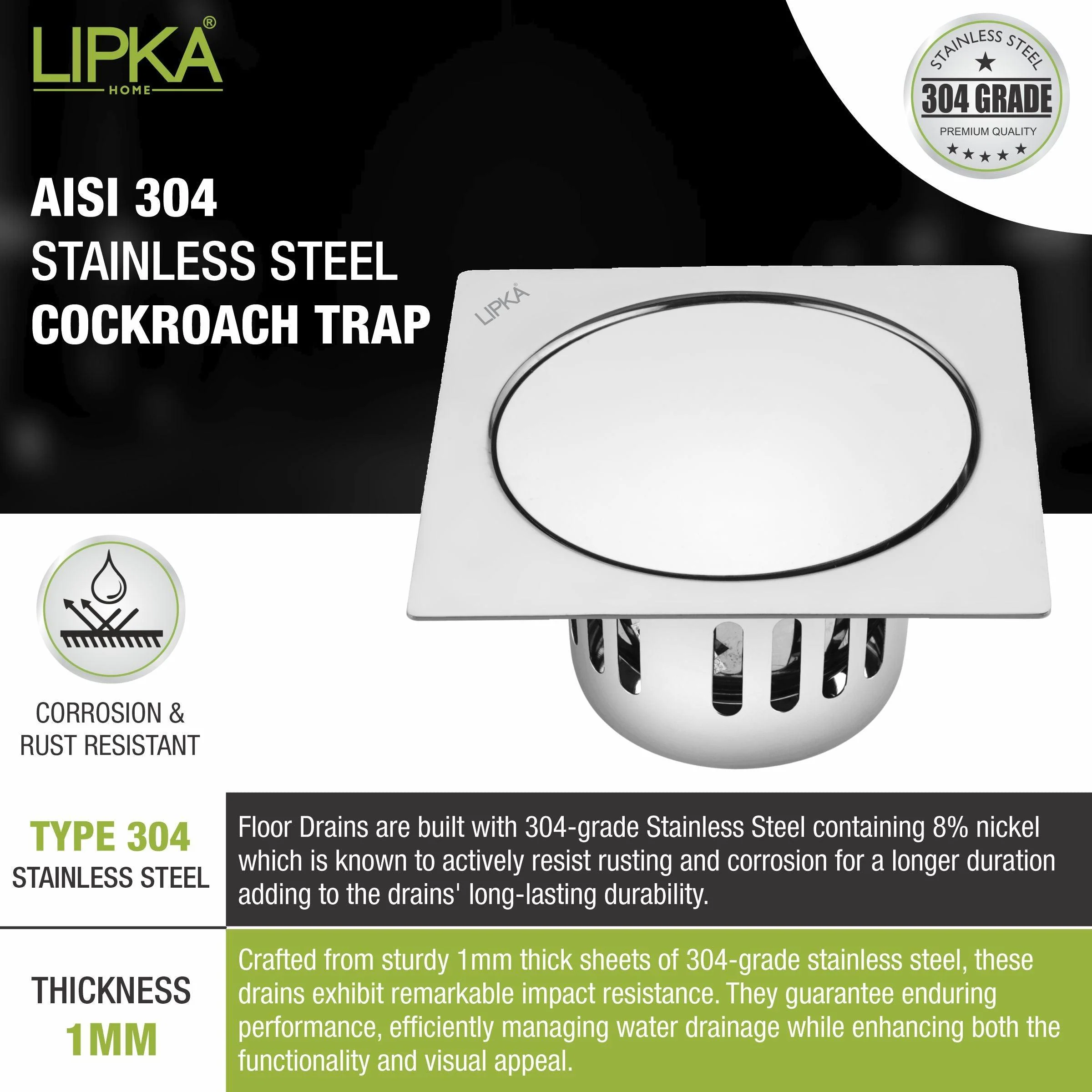 Pop-up Square Floor Drain (5.5 x 5.5 Inches) with Cockroach Trap - LIPKA - Image 5