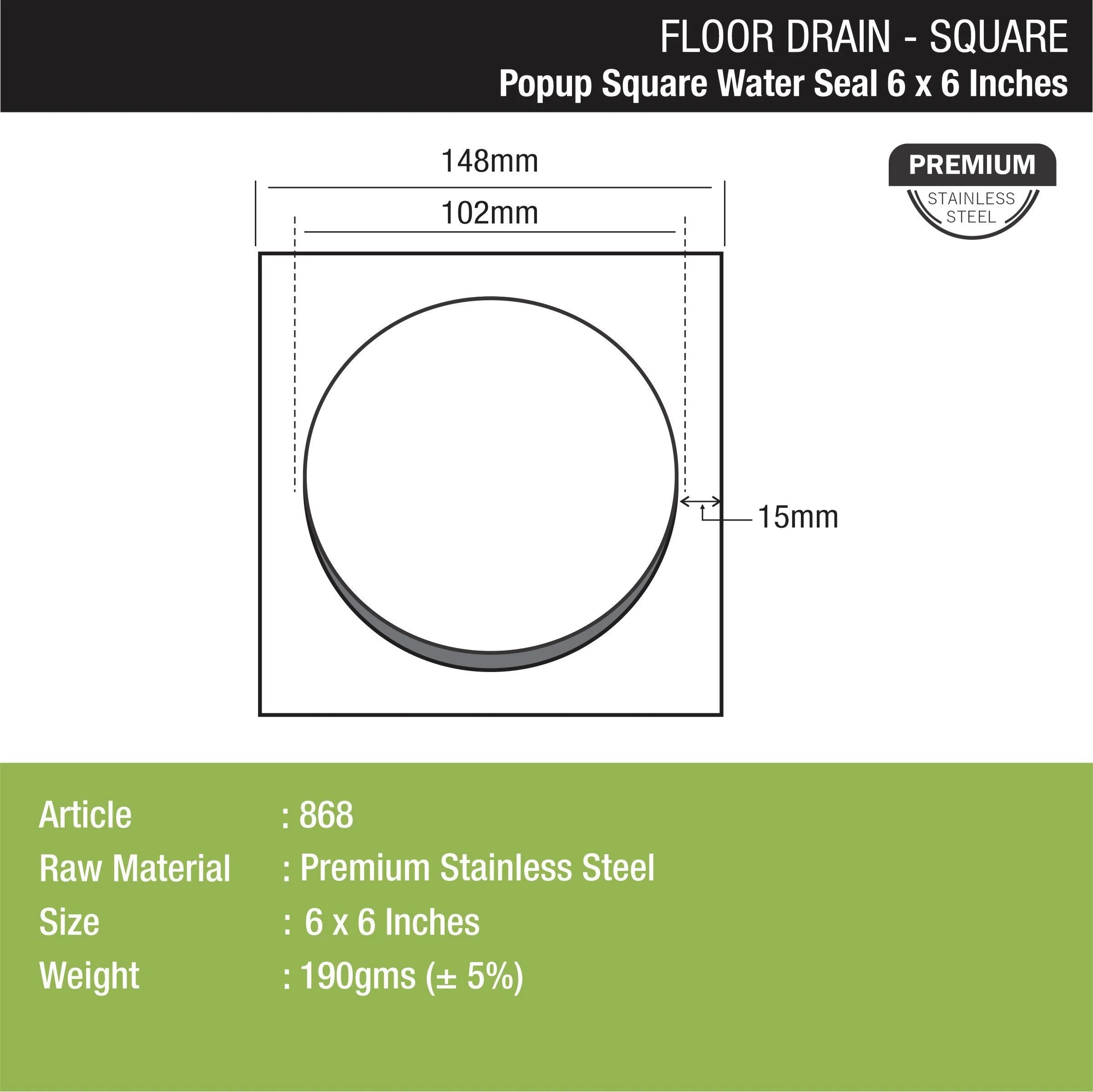 Pop-up Square Floor Drain with Water Seal (6 x 6 Inches) - LIPKA - Image 2