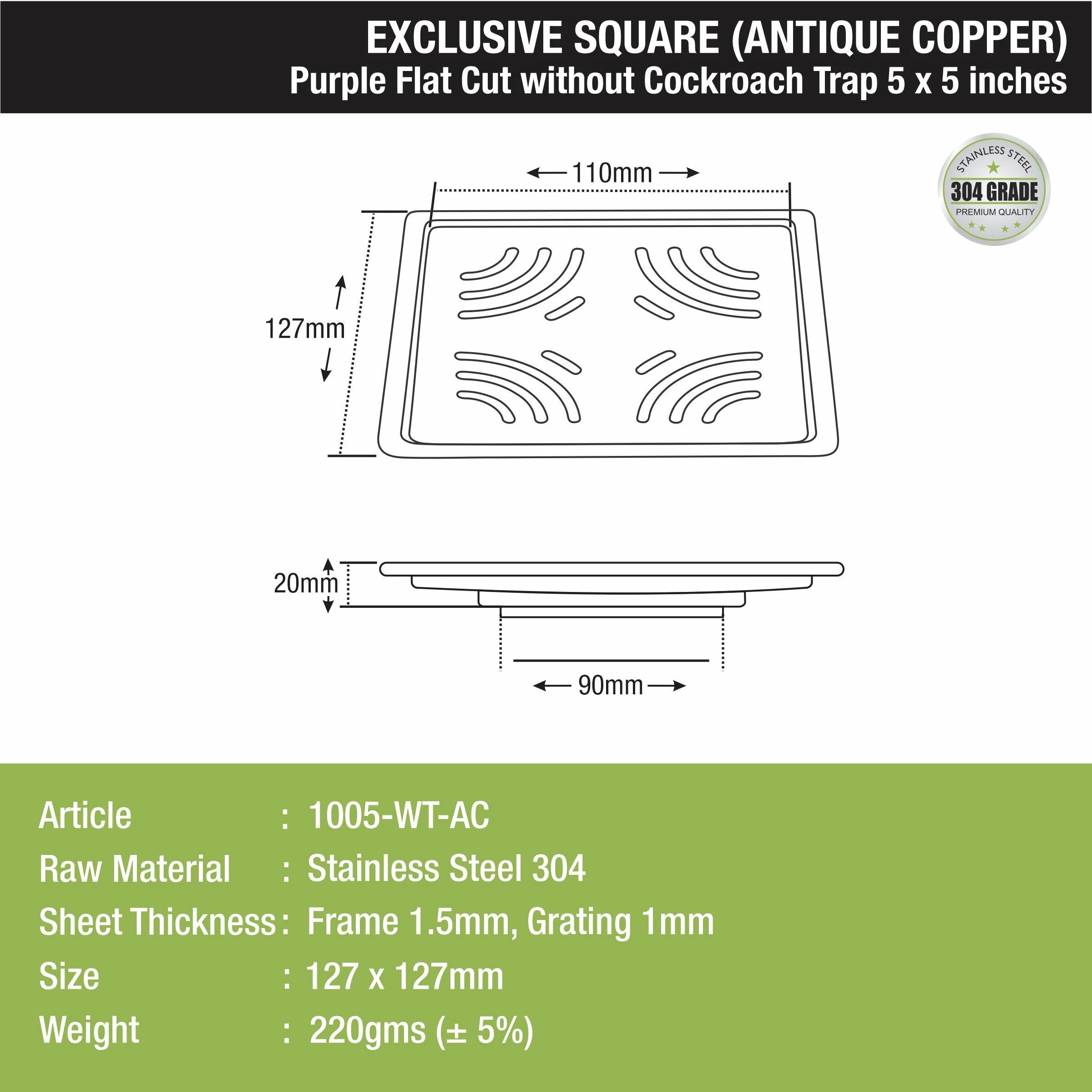 Purple Exclusive Square Flat Cut Floor Drain in Antique Copper PVD Coating (5 x 5 Inches) - LIPKA - Image 2