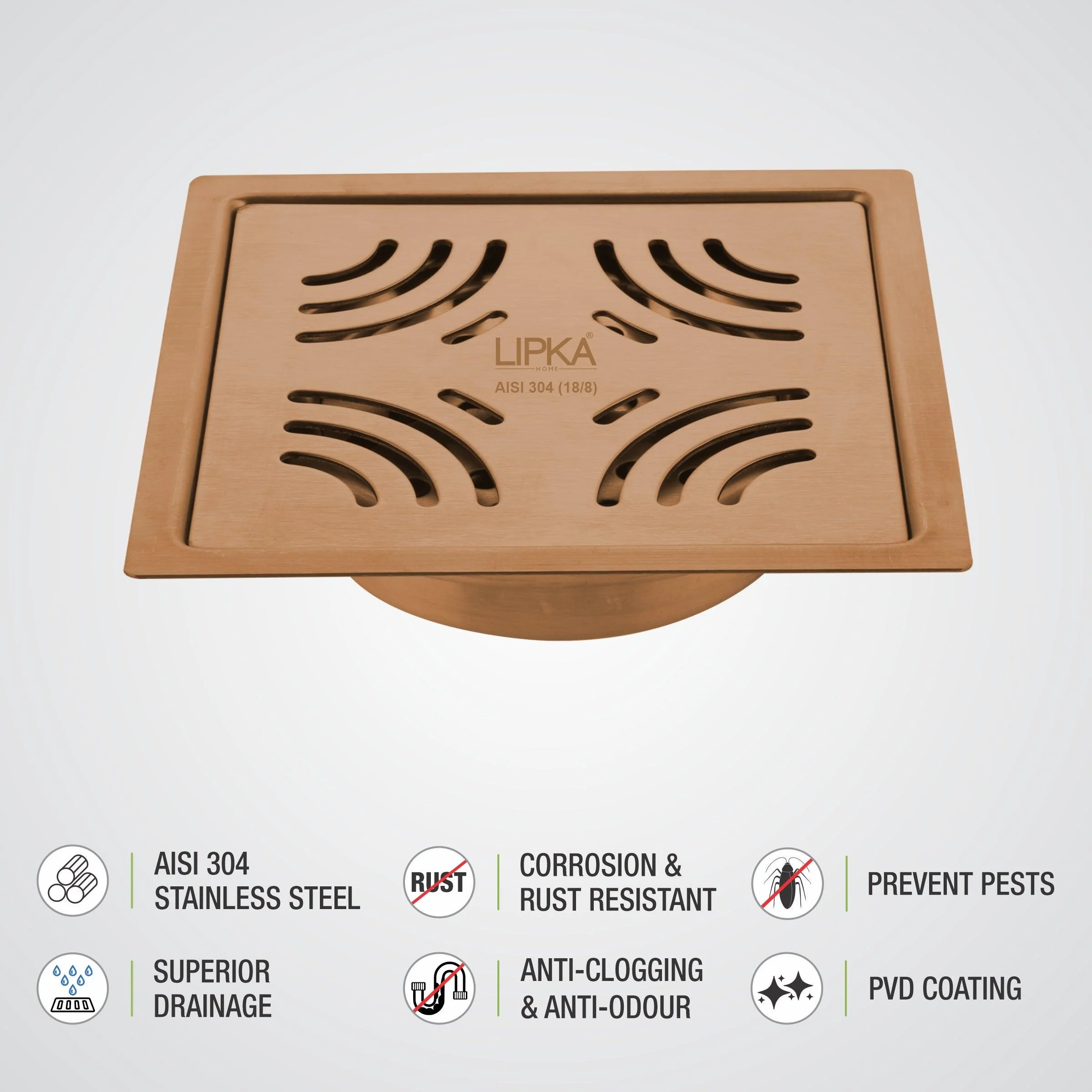 Purple Exclusive Square Flat Cut Floor Drain in Antique Copper PVD Coating (5 x 5 Inches) with Cockroach Trap - LIPKA - Image 4