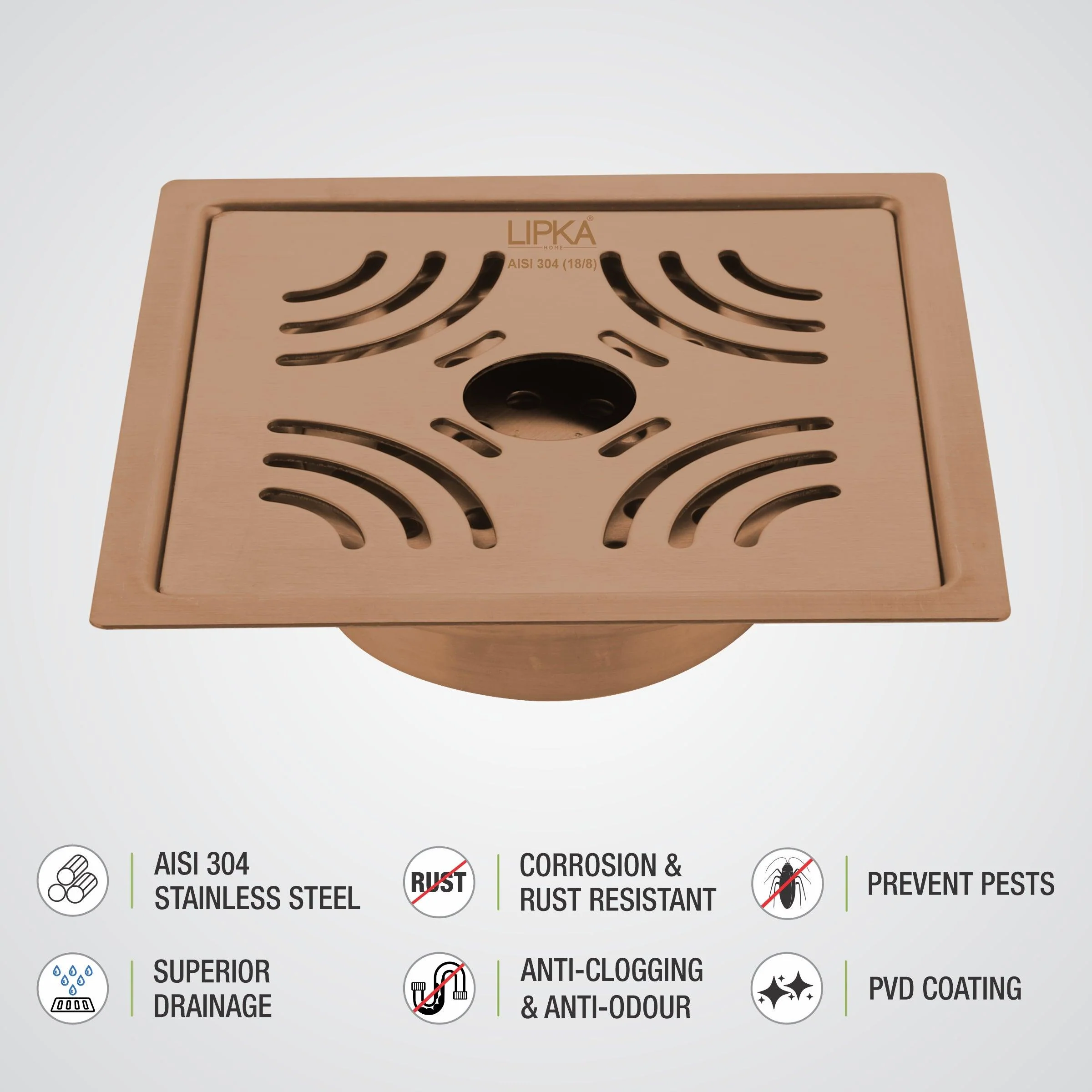 Purple Exclusive Square Flat Cut Floor Drain in Antique Copper PVD Coating (6 x 6 Inches) with Hole & Cockroach Trap - LIPKA - Image 4